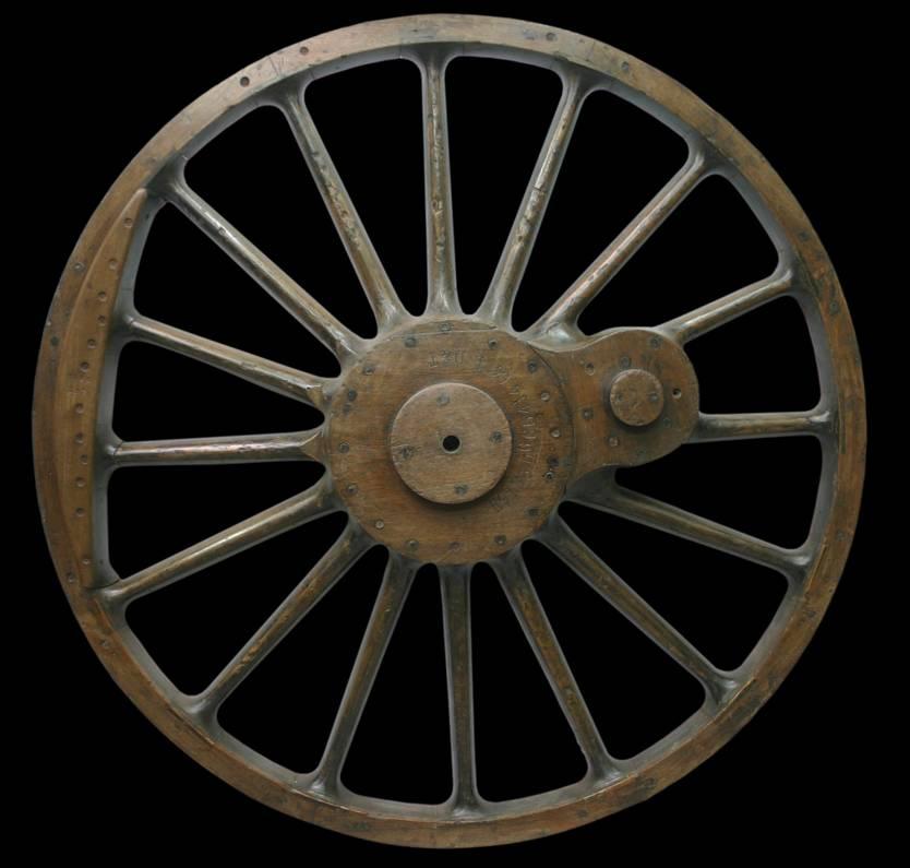 Pair of reclaimed 16 spoke freight locomotive foundry wheel patterns made from oak and pine. Cleaned and waxed to enhance the original patina.