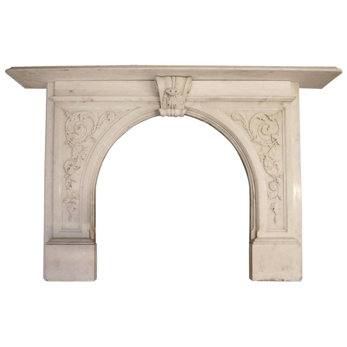 English Antique Victorian Carved Statuary Marble Fireplace Surround