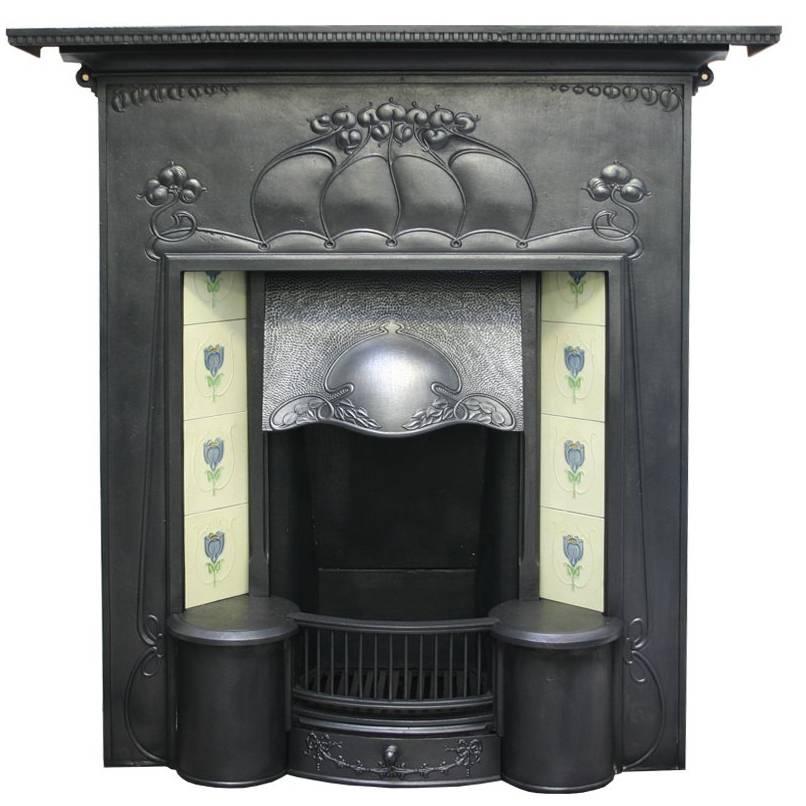 Large and Unusual Cast Iron Edwardian Art Nouveau Tiled Fireplace
