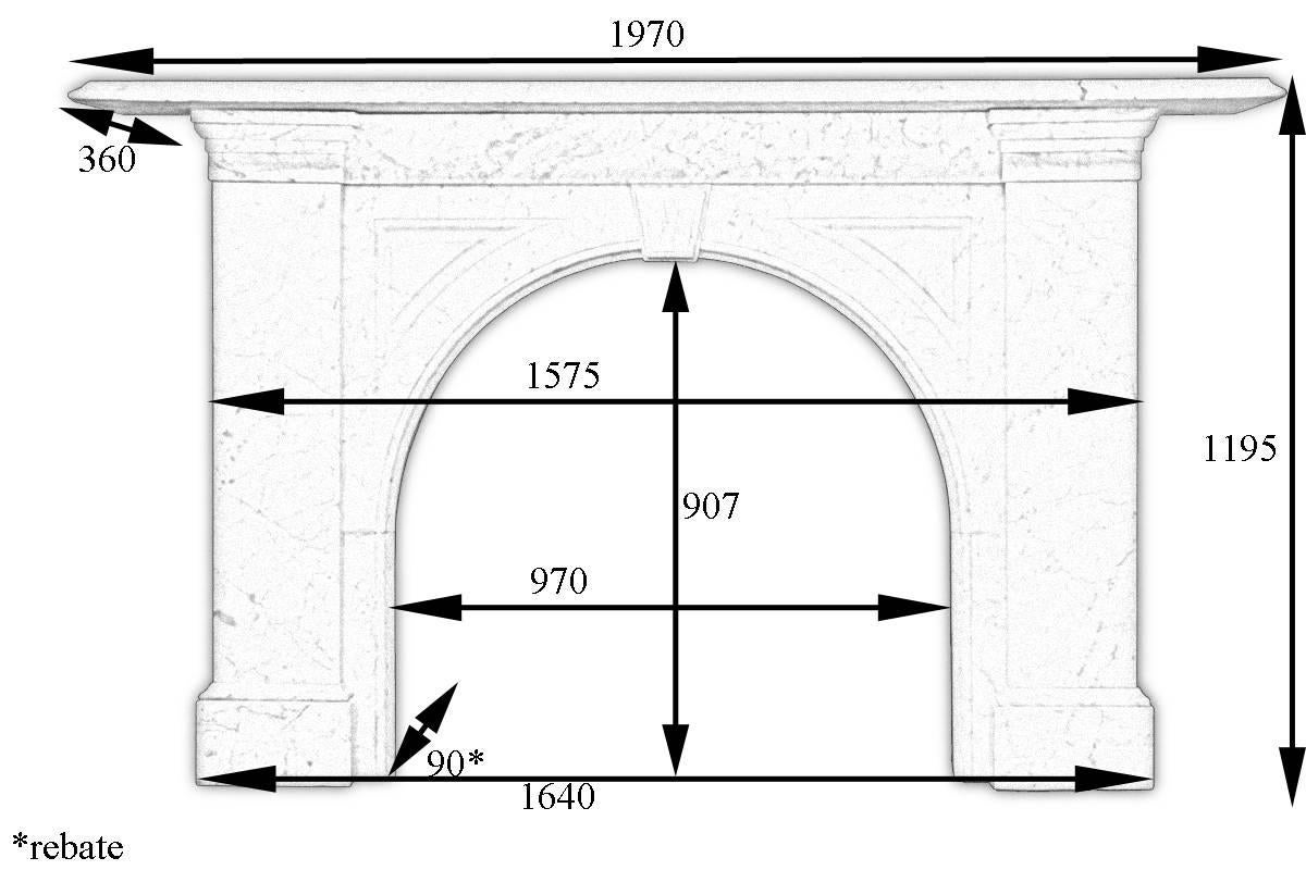Large antique reclaimed Victorian Carrara marble fire surround with arched aperture. The full height plain jambs support an arched frieze with carved panels to the spandrels and simple keystone,
circa 1860.
Measures:
Shelf length 77