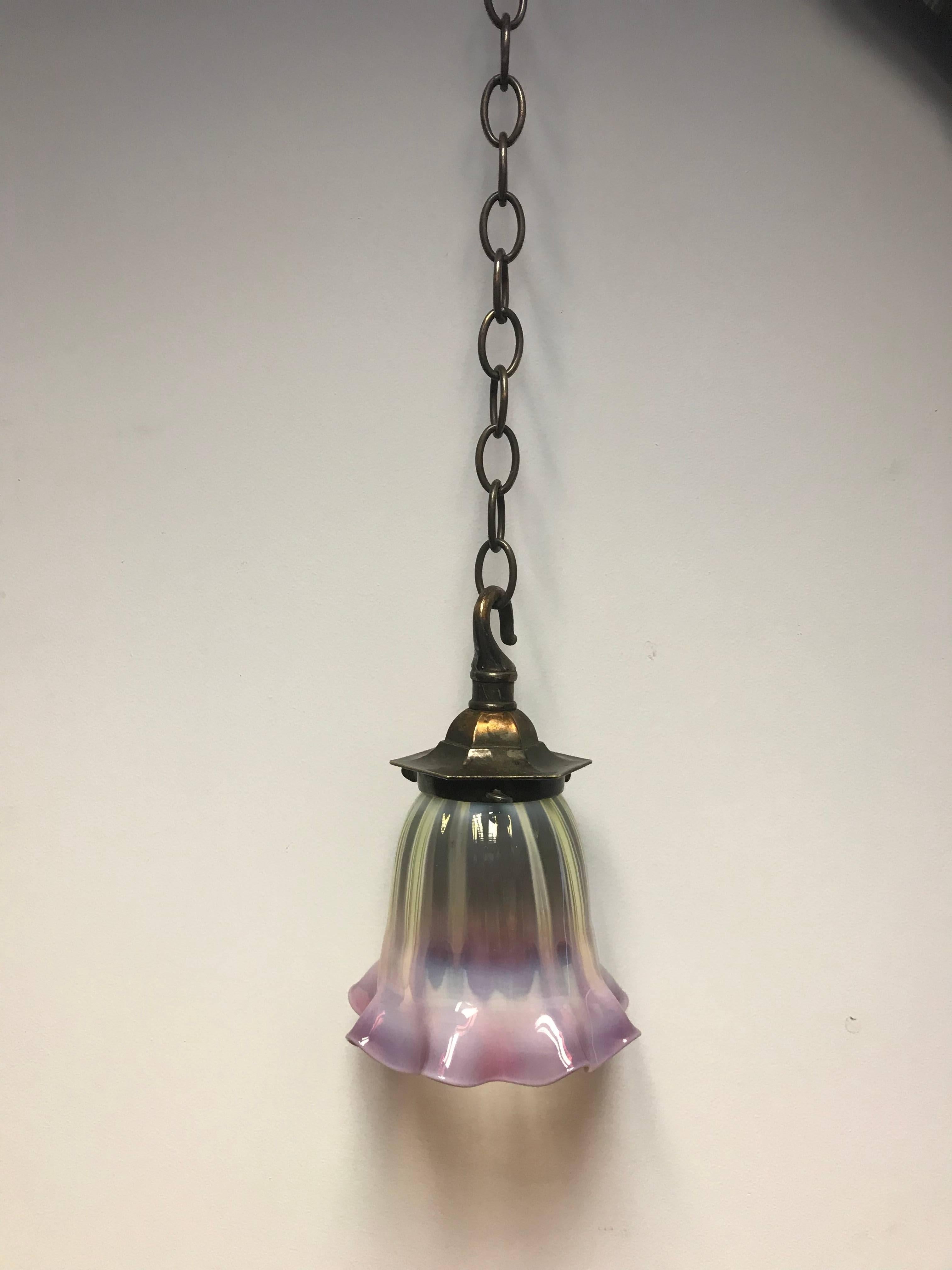 Reclaimed Edwardian copper ceiling pendant light. Complete with new glass shade in Vaseline and cranberry glass, made in the UK in the traditional method. 
The shade and gallery measures: 6