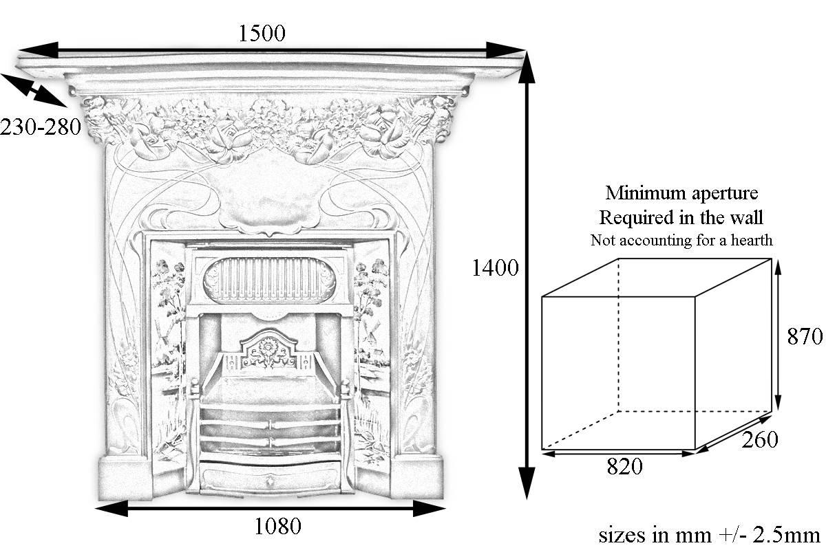 Large Antique Edwardian Art Nouveau Cast Iron Combination Fireplace 6