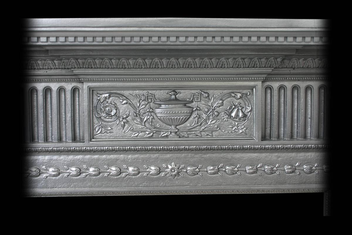 19th Century Victorian cast iron fireplace surround in the Neoclassical design.

This fireplace has been finished the traditional black grate polish, leaving a gun metal / pewter shine. Alternative finishes are available.


    