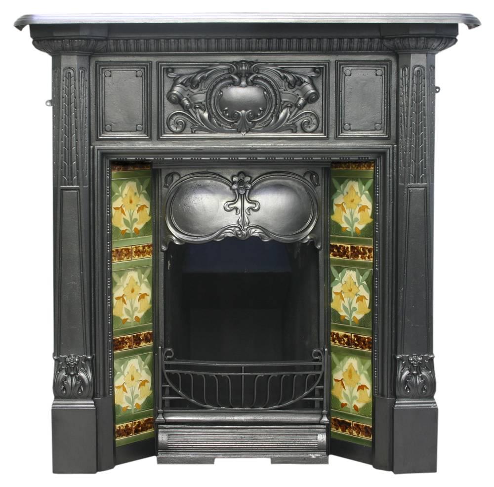 Antique Art Nouveau Edwardian Cast Iron Fireplace
