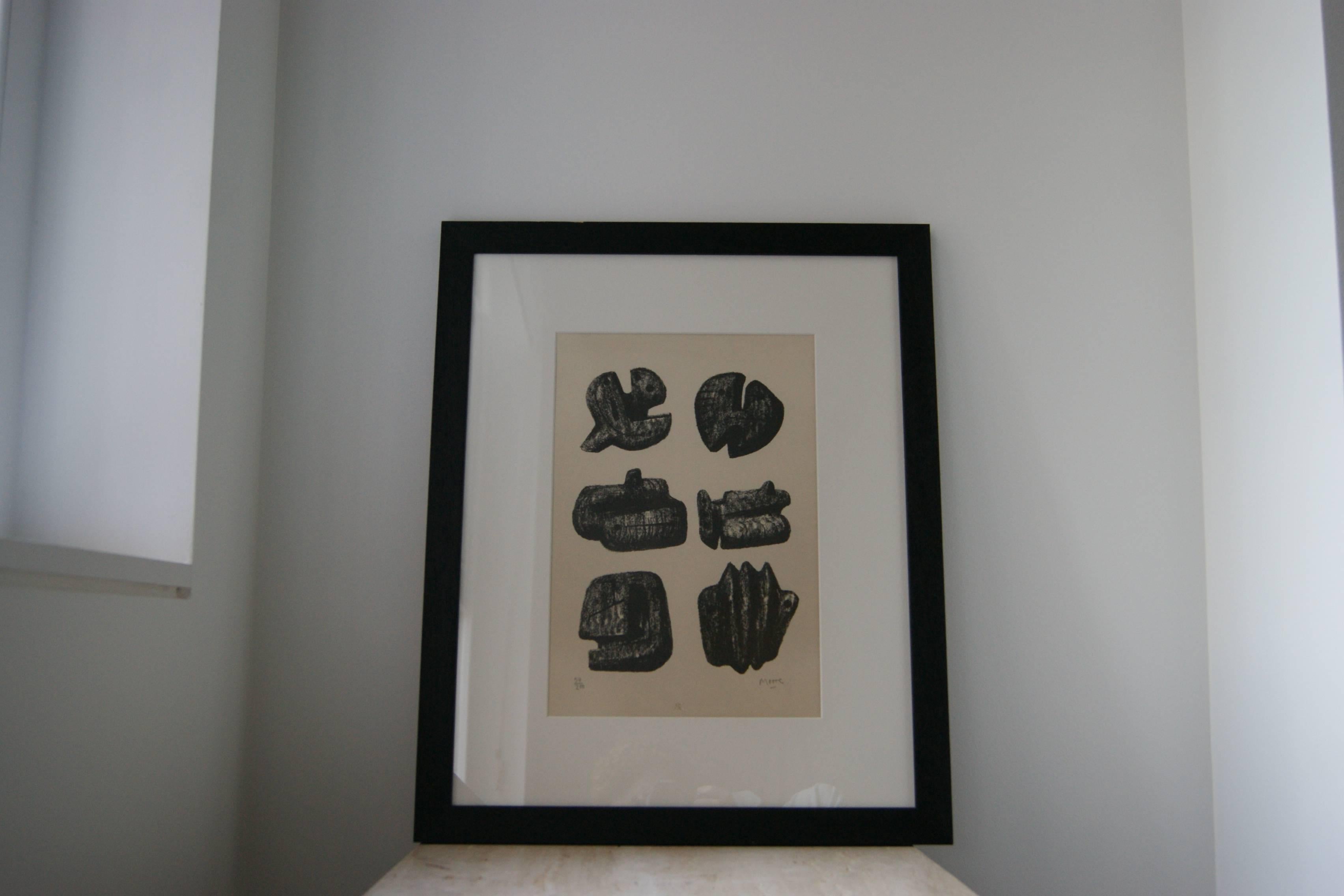 'Six Stones’. Lithograph from 1973. Edition of 200 signed by Henry Moore. Also held in Tate Collection. The print is mounted with card displaying a line drawing of an aircraft interior. It is believed this relates to the Days’ work with BOAC during