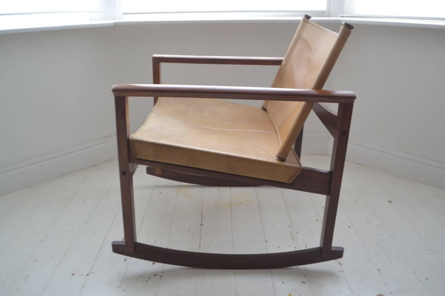 Mid-Century Modern Vintage Rosewood and Leather Sling PegLev Rocking Chair by Michel Arnoult, 1968