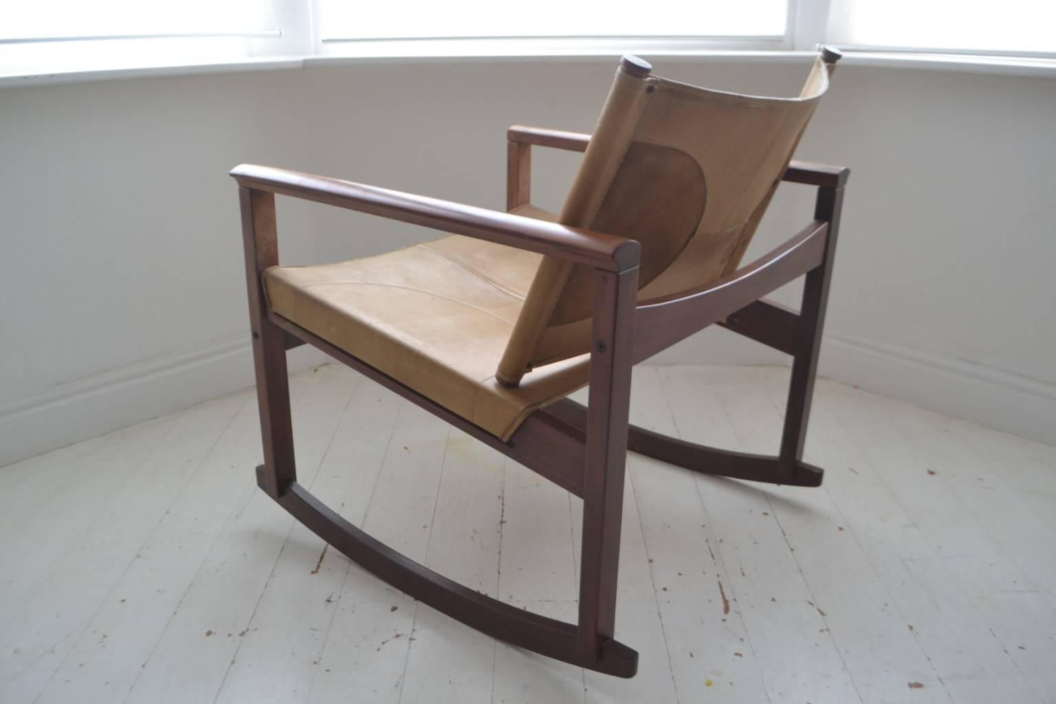 Brazilian Vintage Rosewood and Leather Sling PegLev Rocking Chair by Michel Arnoult, 1968