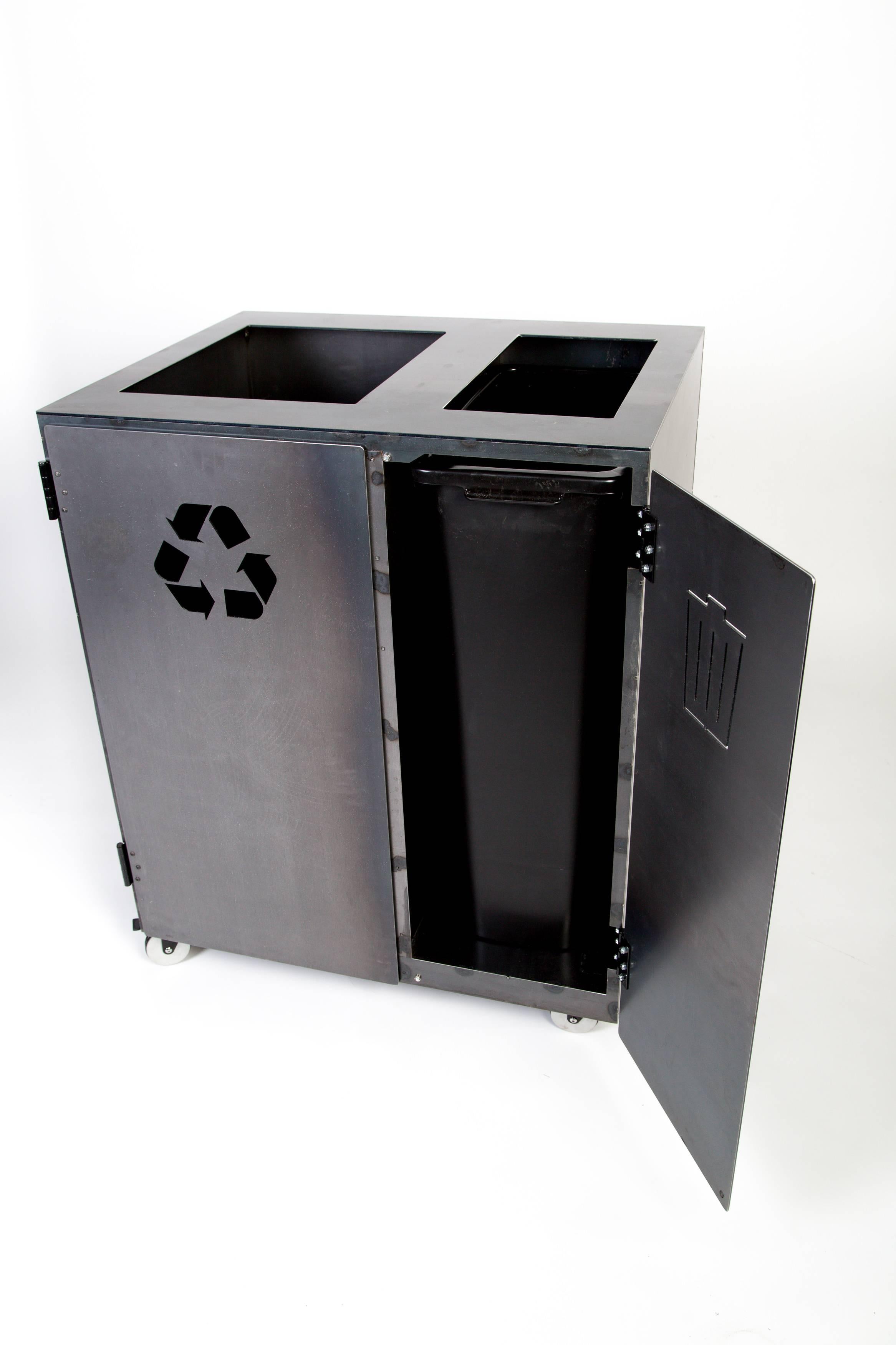 This modern, handmade steel storage cabinet is a versatile solution to your trash and recycling needs. Perfect for hotels, restaurants, shopping complexes and businesses ; this piece is handmade in Bozeman, Montana to become to the perfect piece of