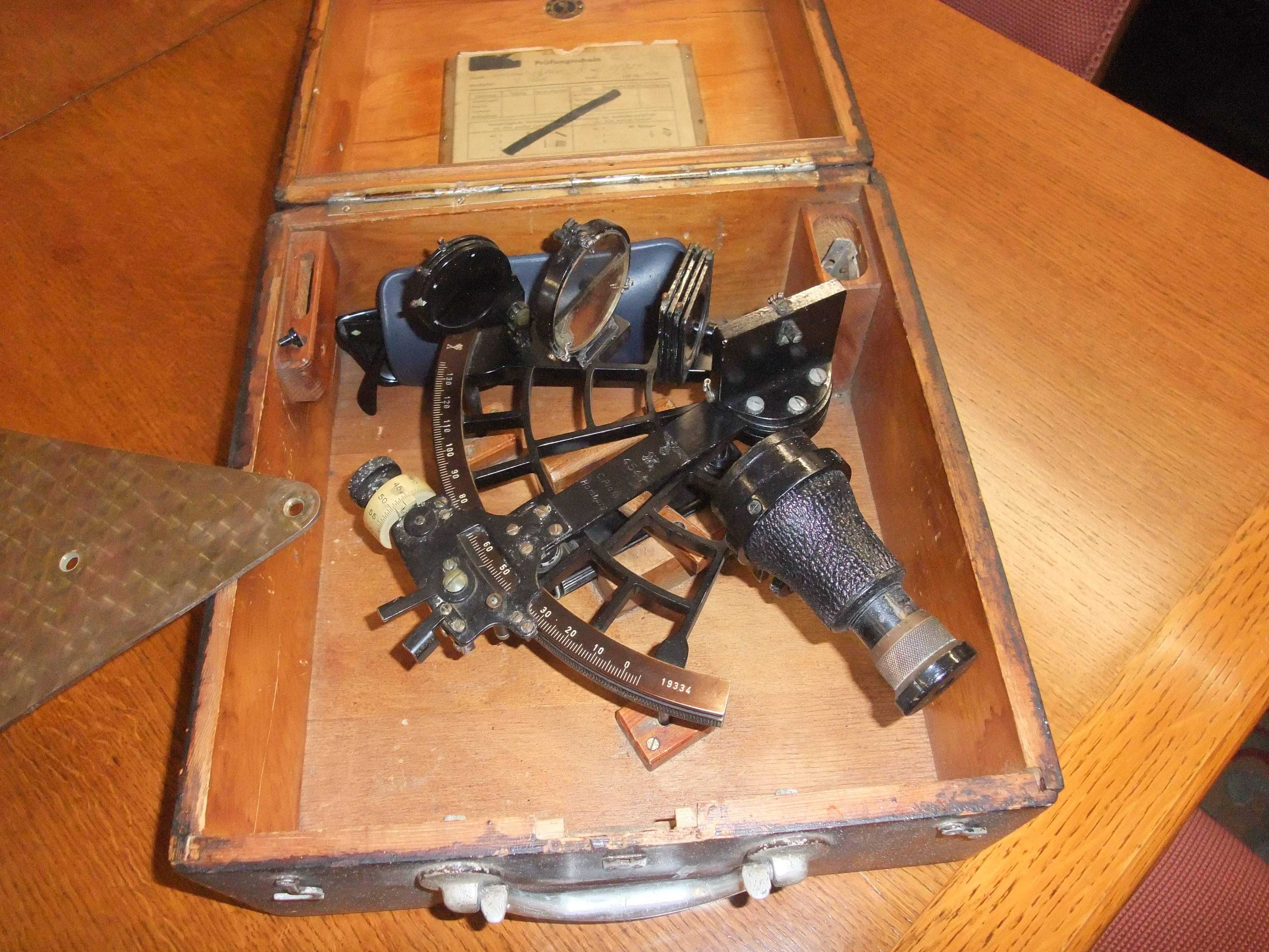 German sextant by C.Plath manufactured in August 1943, Bears nazi insignia and invoice with matching serial numbers. Believed to have been taken from a ship which surrendered at the neutral port of Dublin in 1945. Later used on the SS Madras City,