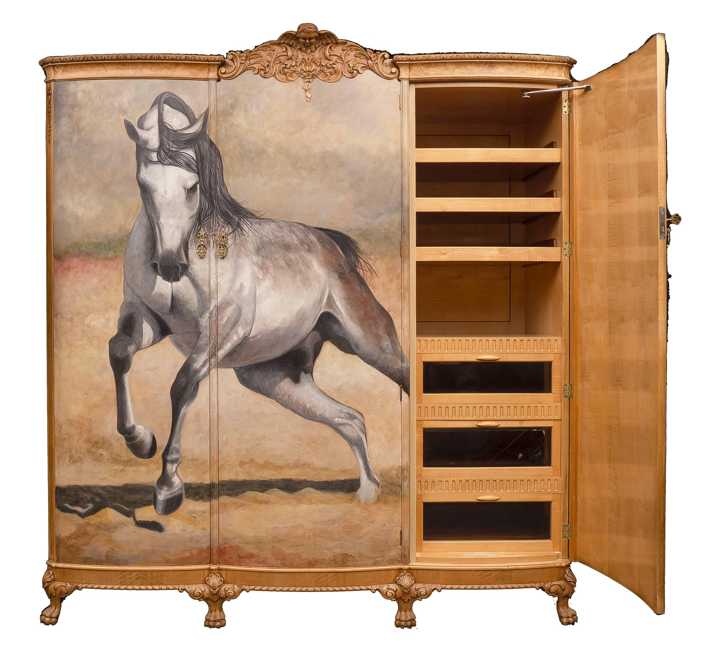 This wardrobe has been refurbished to a very high standard and hand-painted by Kensa Designs. The majestic stallion adds a raw and bold appeal to this antique wardrobe manufactured in the 1920s by Beresford and Hicks of London.
A stunning wardrobe