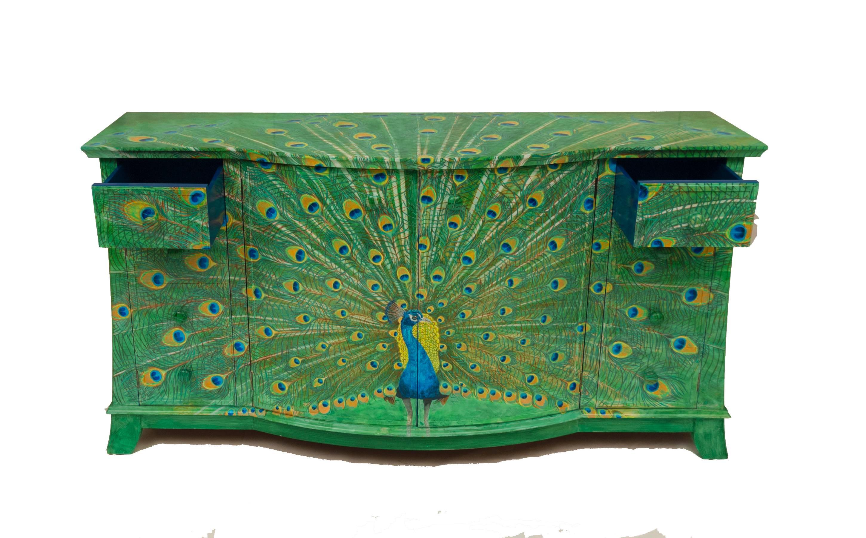 Acrylic Lacquered Peacock Sideboard Hand-Painted by Kensa Designs For Sale