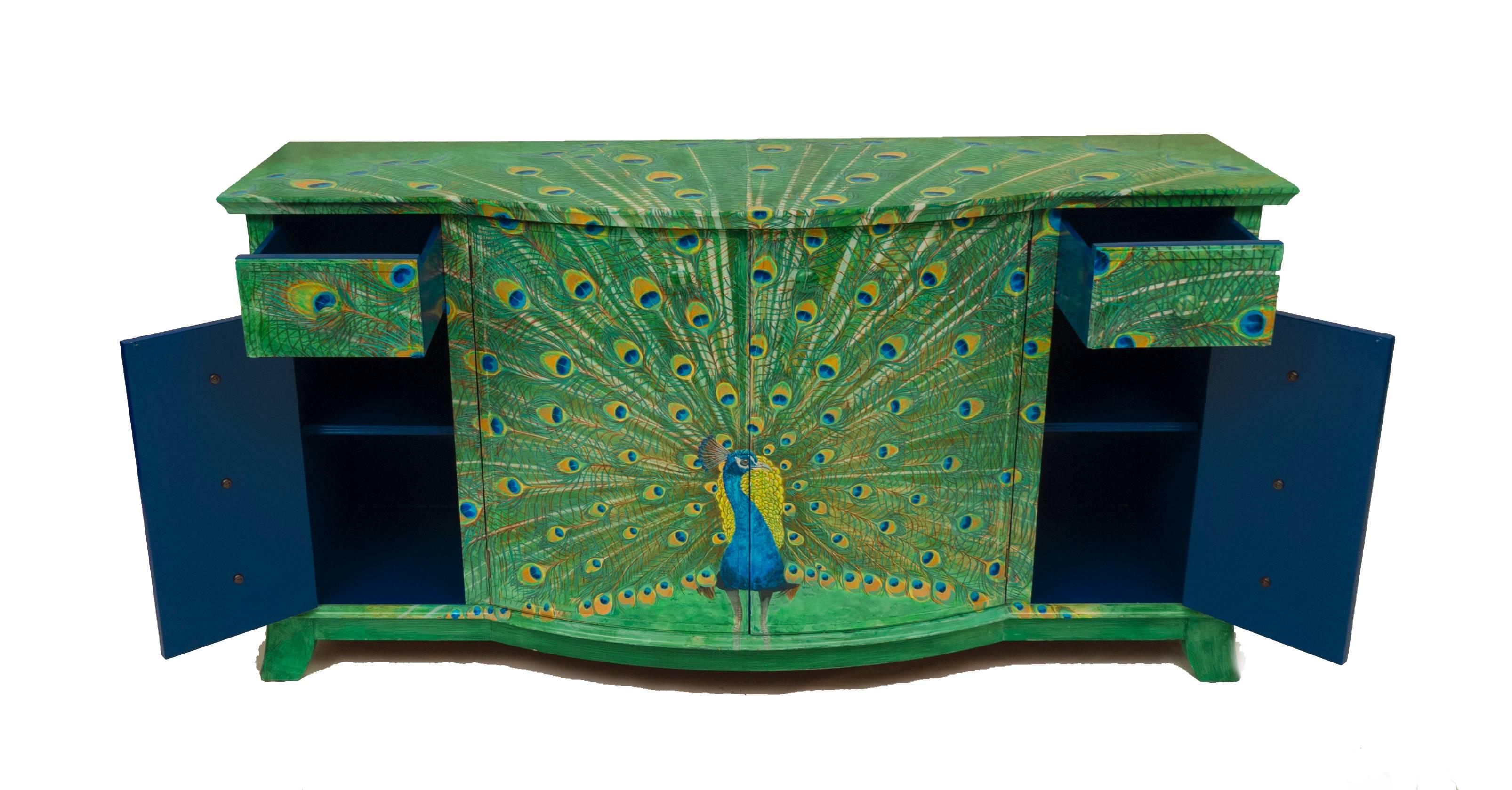 British Lacquered Peacock Sideboard Hand-Painted by Kensa Designs For Sale