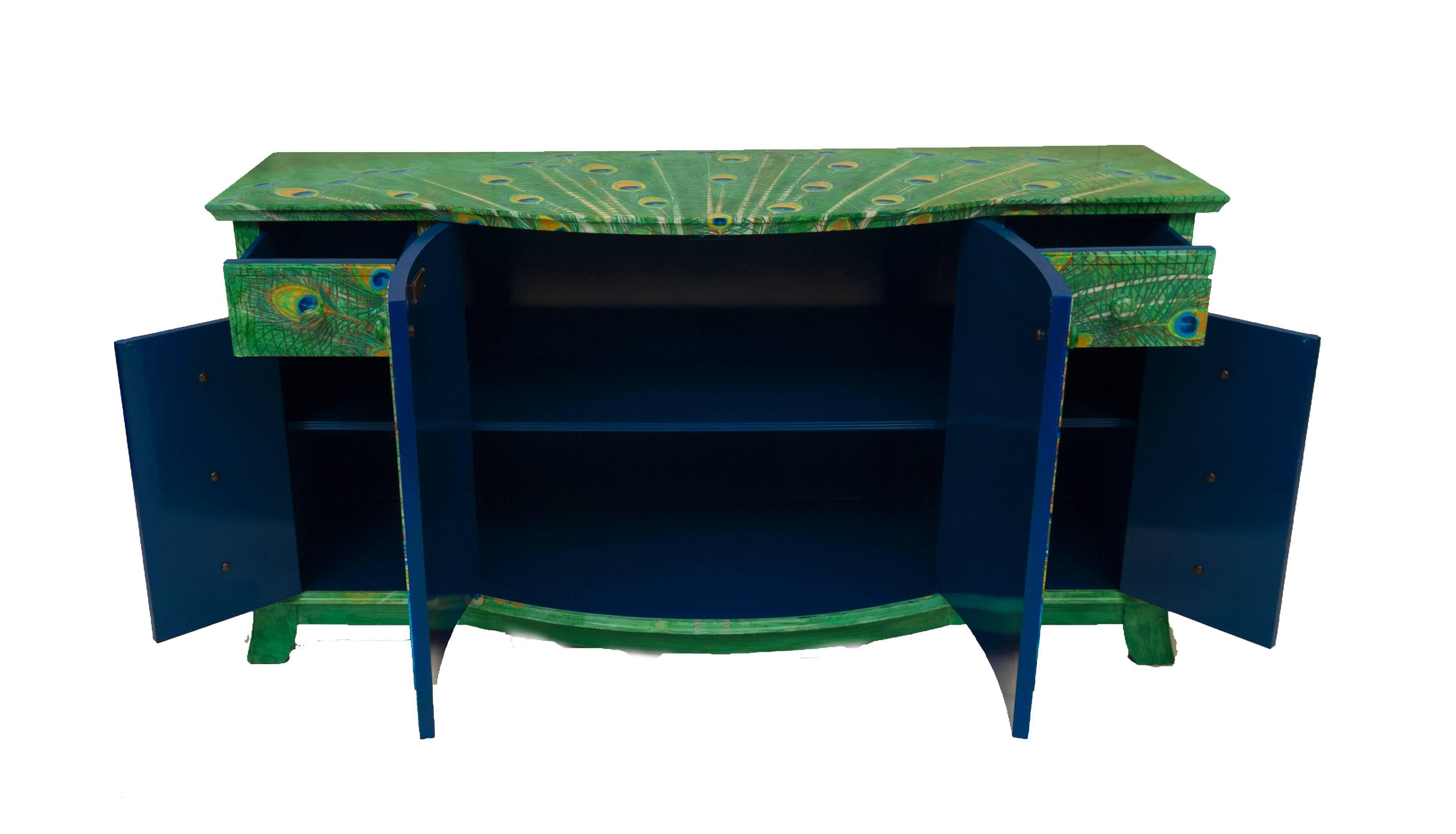 Contemporary Lacquered Peacock Sideboard Hand-Painted by Kensa Designs For Sale