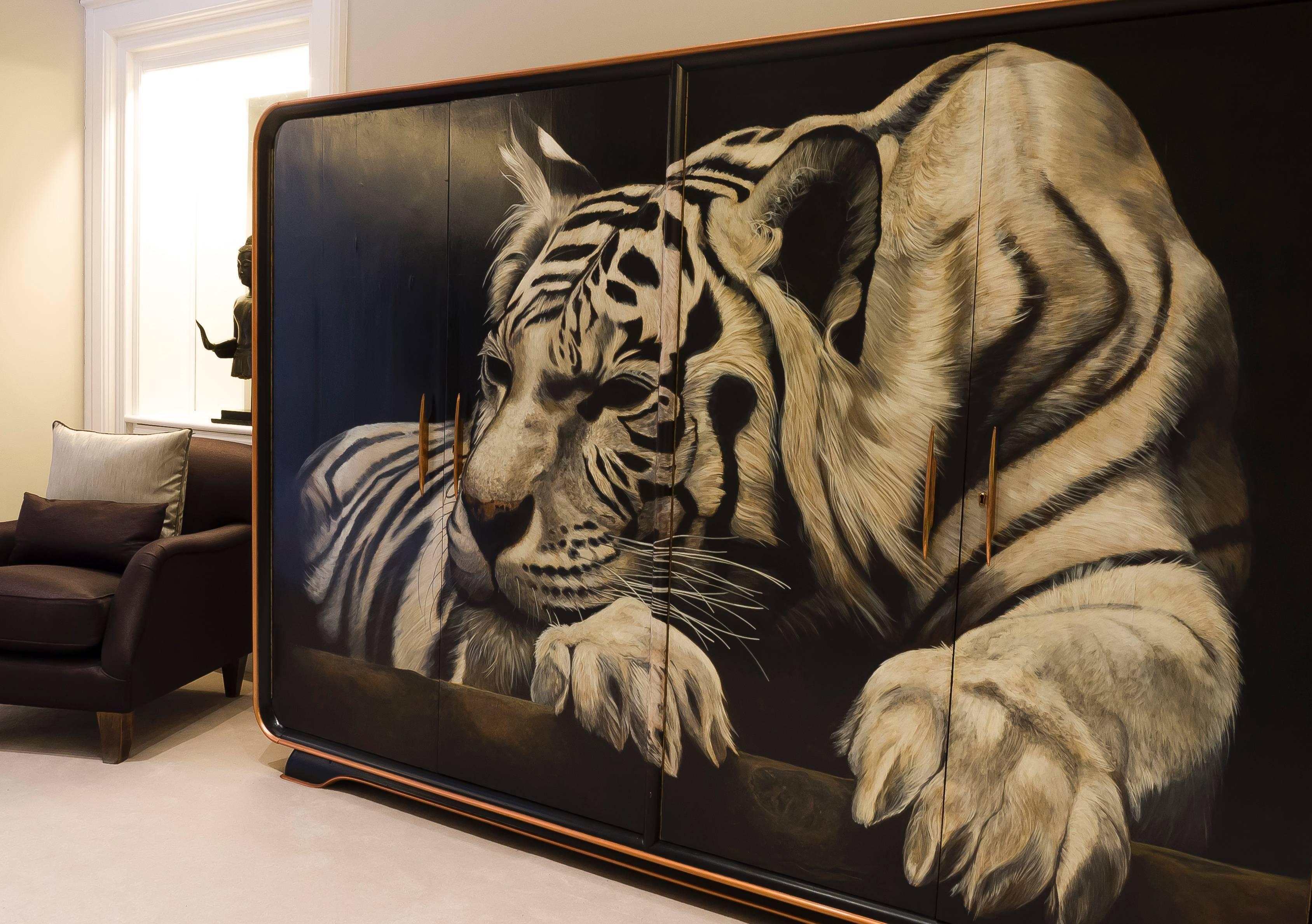 English 1940s Gentleman's Wardrobe with Giant White Tiger Hand-Painted by Kensa Designs For Sale