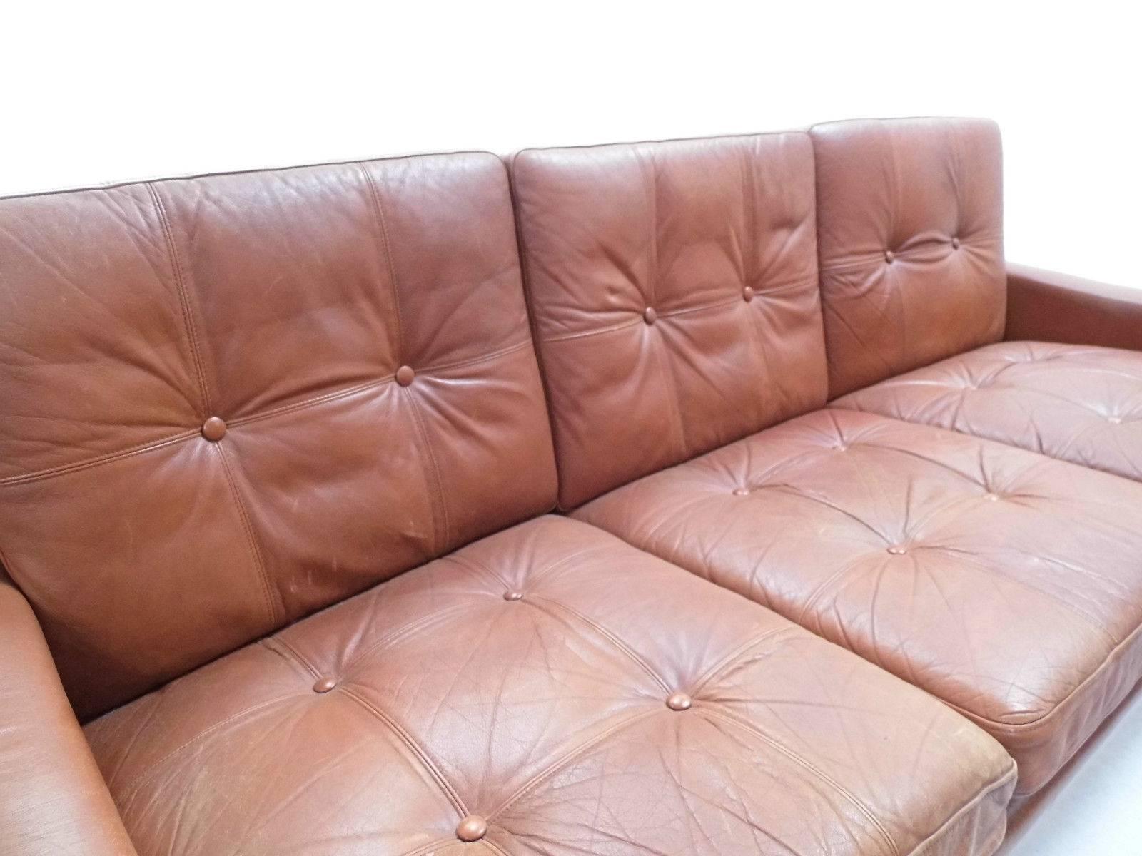 Mid-Century Modern Danish Skipper Møbler Brown Tan Leather Three-Seat Sofa, Midcentury, 1960s