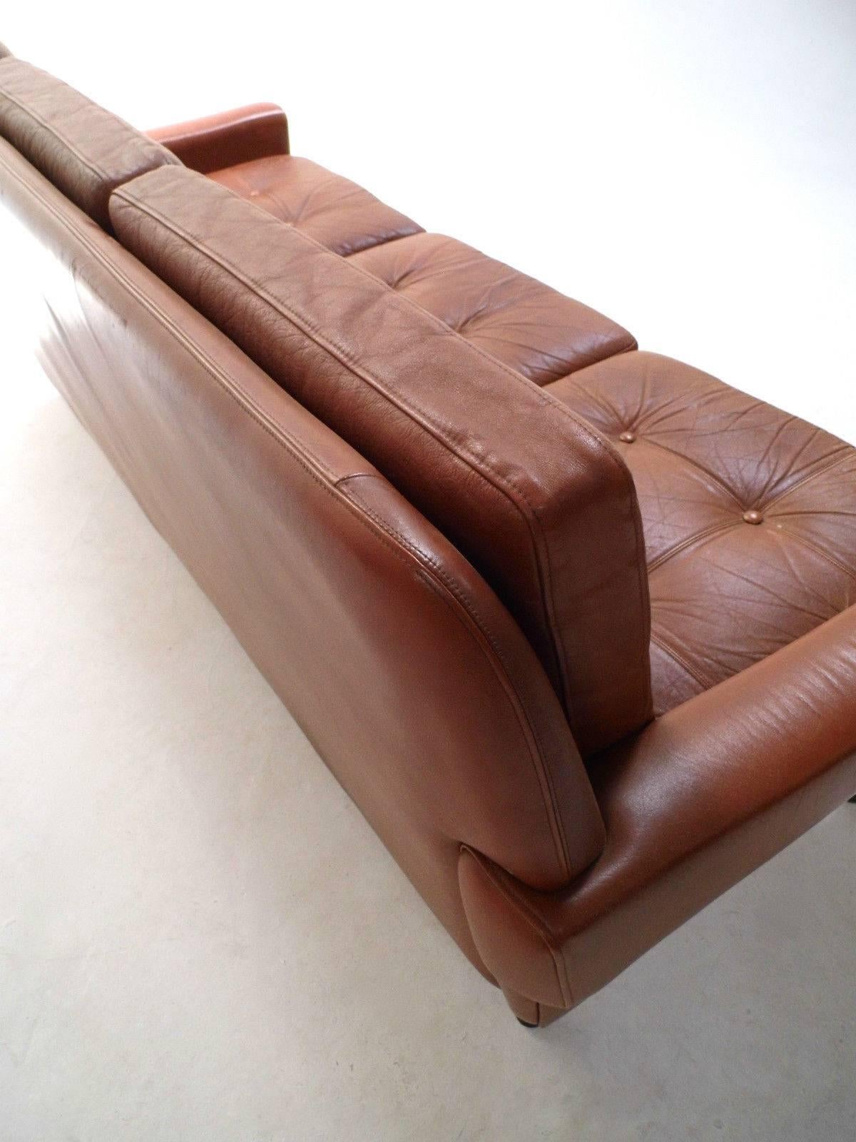 Danish Skipper Møbler Brown Tan Leather Three-Seat Sofa, Midcentury, 1960s 1