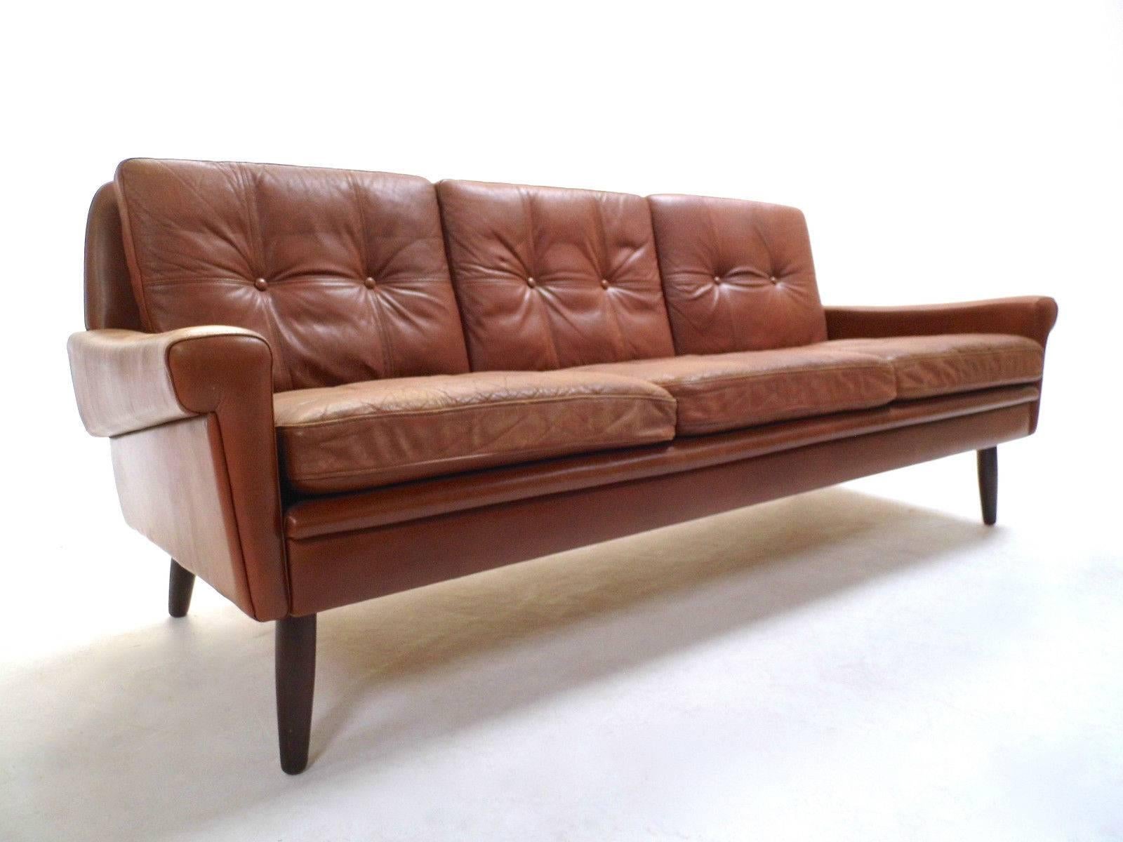 Danish Skipper Møbler Brown Tan Leather Three-Seat Sofa, Midcentury, 1960s 3