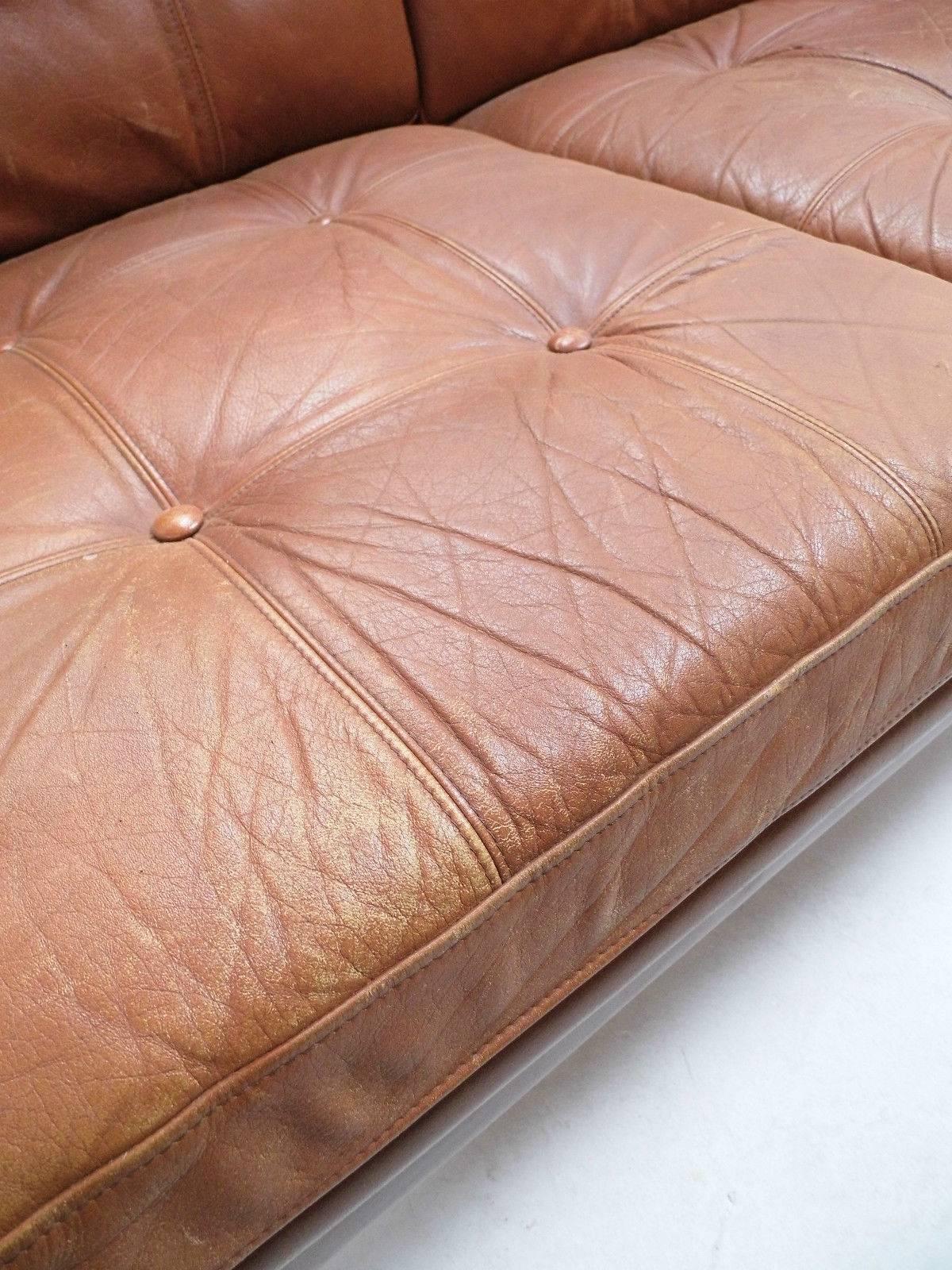 Danish Skipper Møbler Brown Tan Leather Three-Seat Sofa, Midcentury, 1960s 2