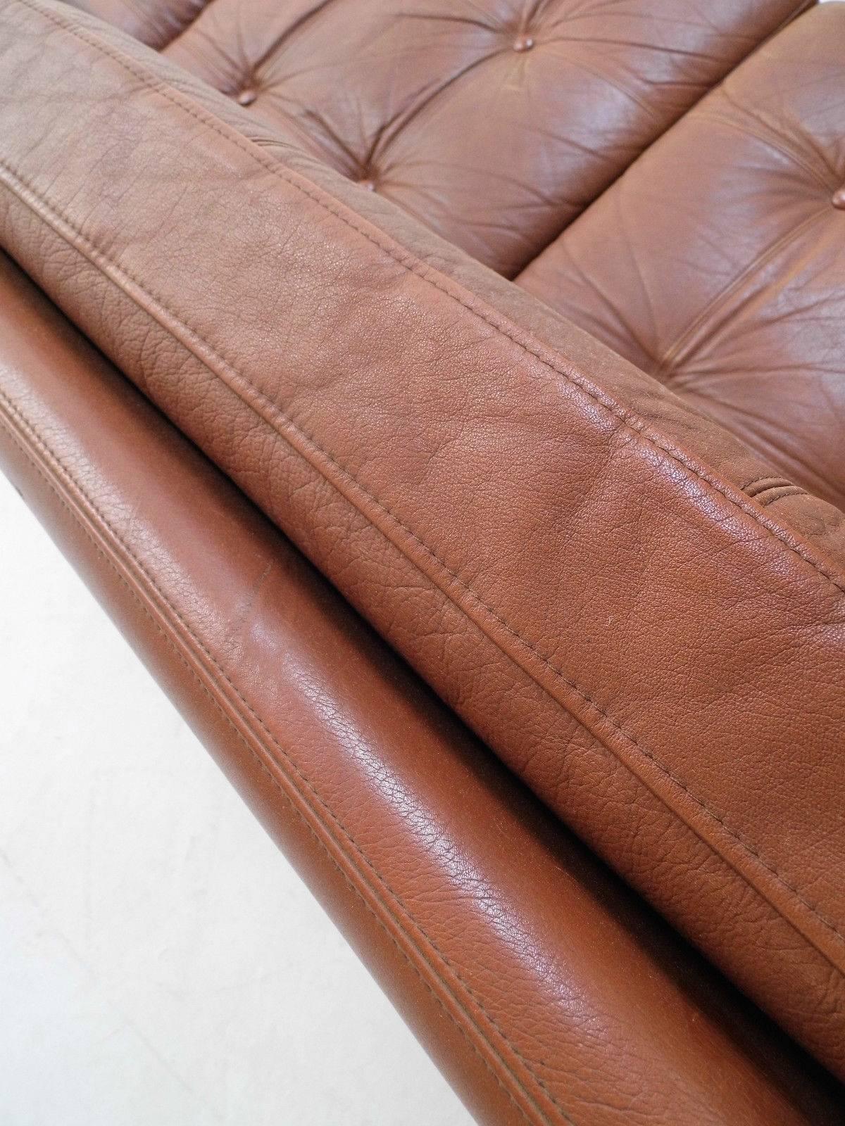 Danish Skipper Møbler Brown Tan Leather Three-Seat Sofa, Midcentury, 1960s 4