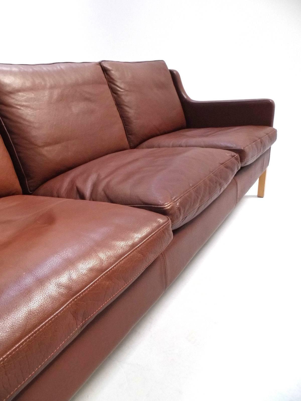 Mid-Century Modern Danish Stouby Brown Leather Three-Seat Sofa, Midcentury, 1960s