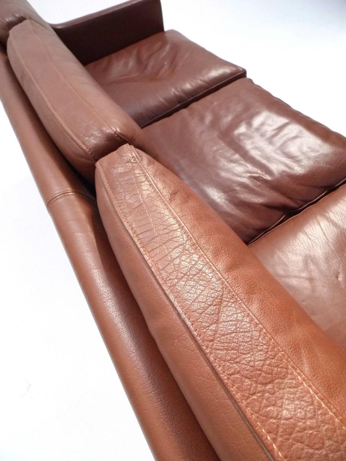 Danish Stouby Brown Leather Three-Seat Sofa, Midcentury, 1960s 2