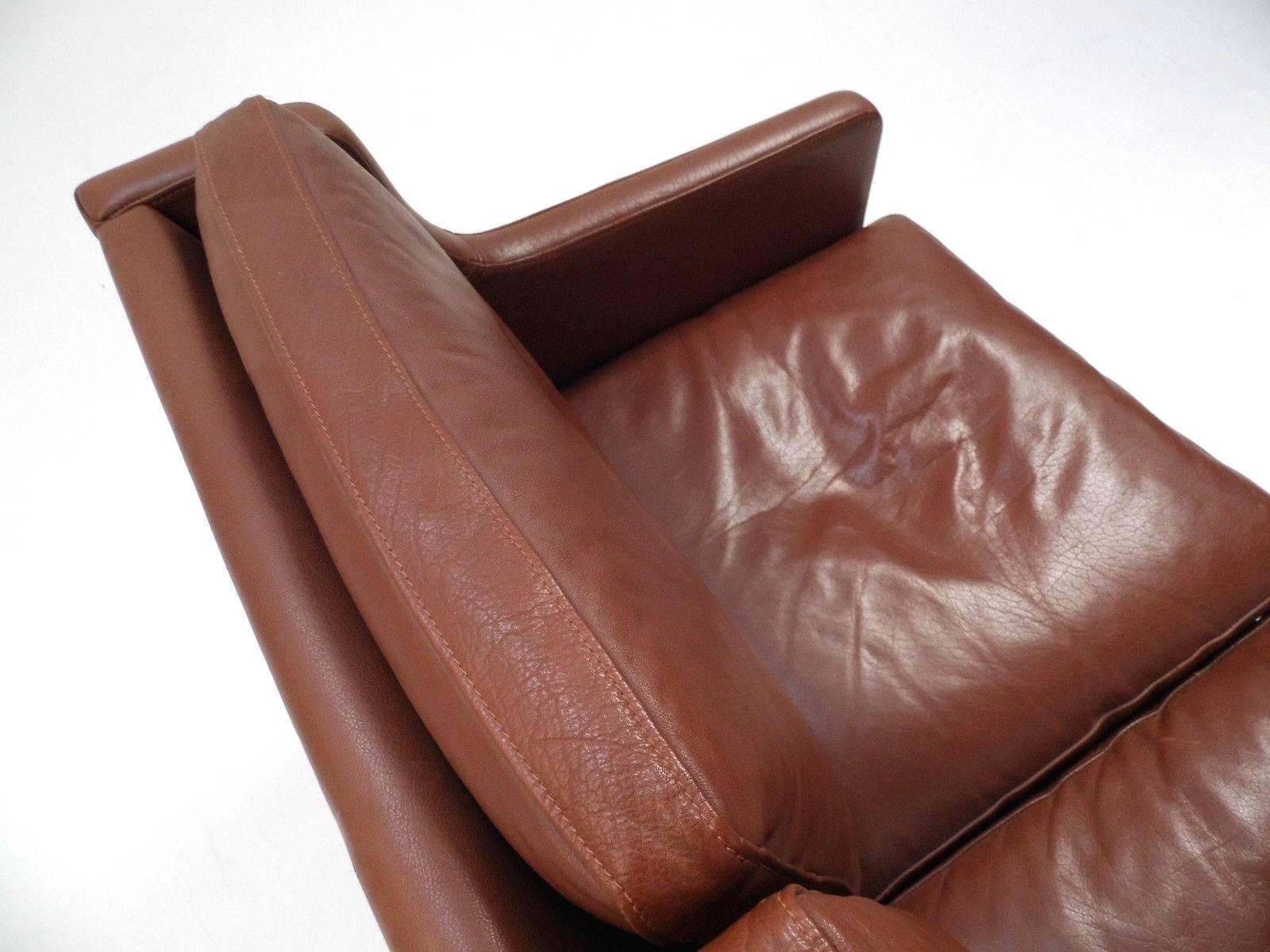 Danish Stouby Brown Leather Three-Seat Sofa, Midcentury, 1960s 3
