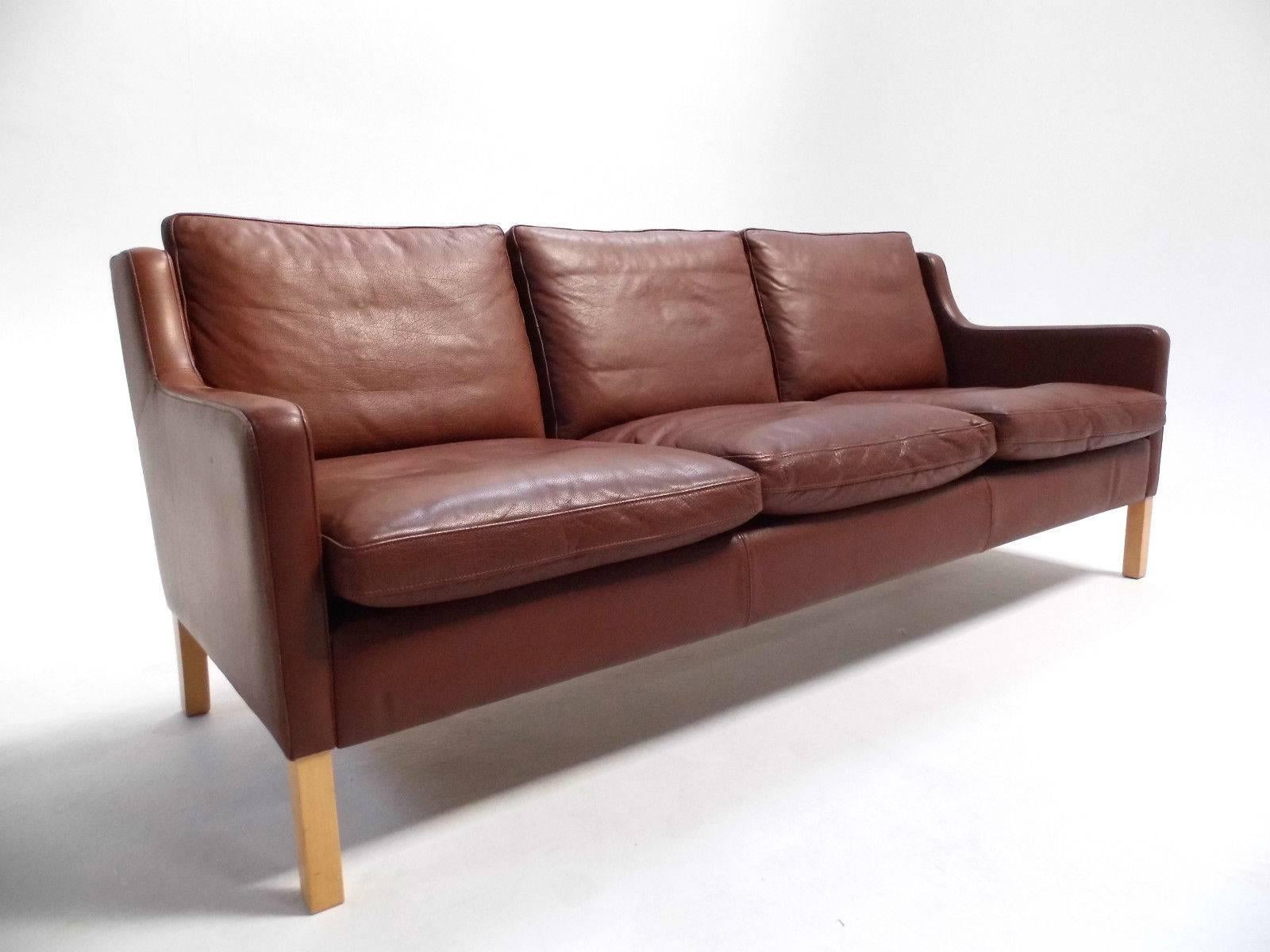 Danish Stouby Brown Leather Three-Seat Sofa, Midcentury, 1960s 4
