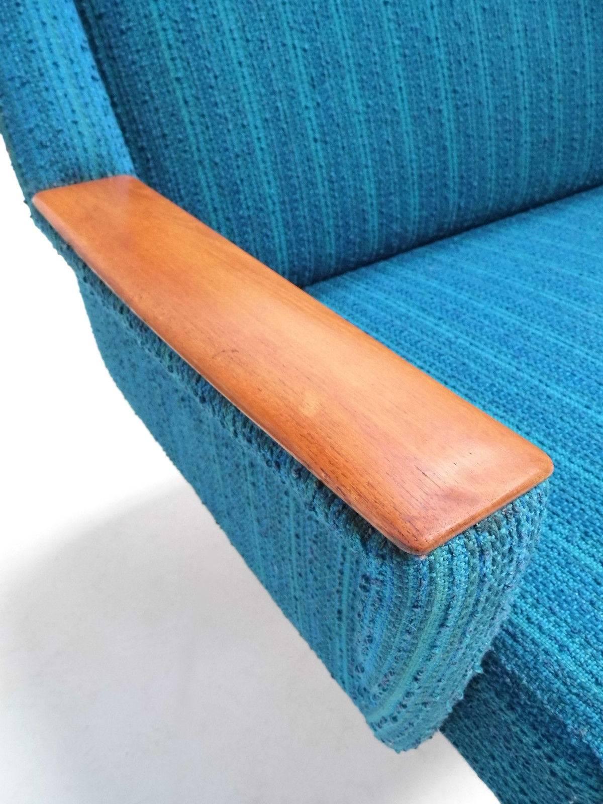 Mid-Century Modern Scandinavian Turquoise Blue Wool Teak Four-Seat Sofabed, Midcentury, 1960s