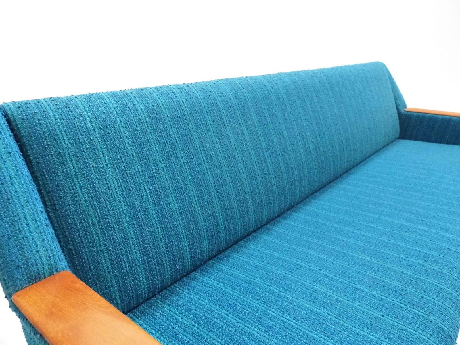 Scandinavian Turquoise Blue Wool Teak Four-Seat Sofabed, Midcentury, 1960s In Good Condition In London, GB