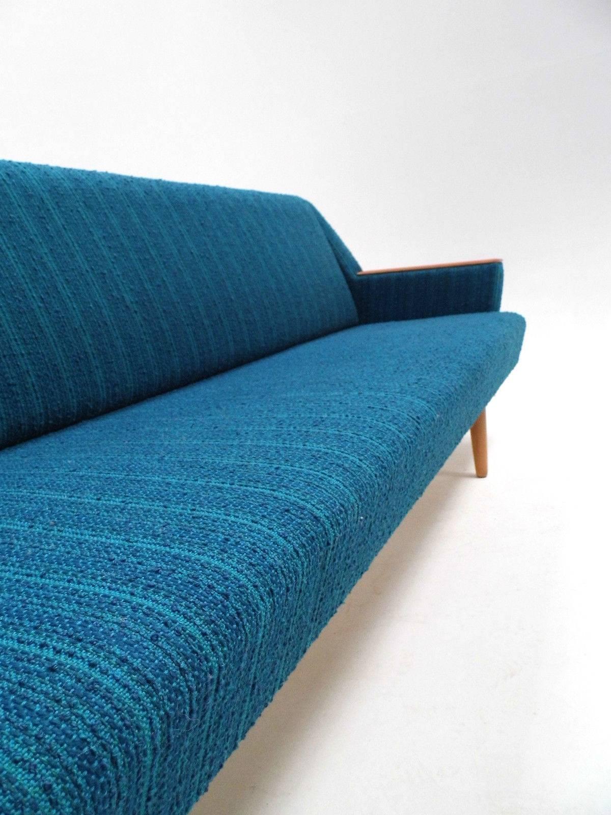 Mid-20th Century Scandinavian Turquoise Blue Wool Teak Four-Seat Sofabed, Midcentury, 1960s