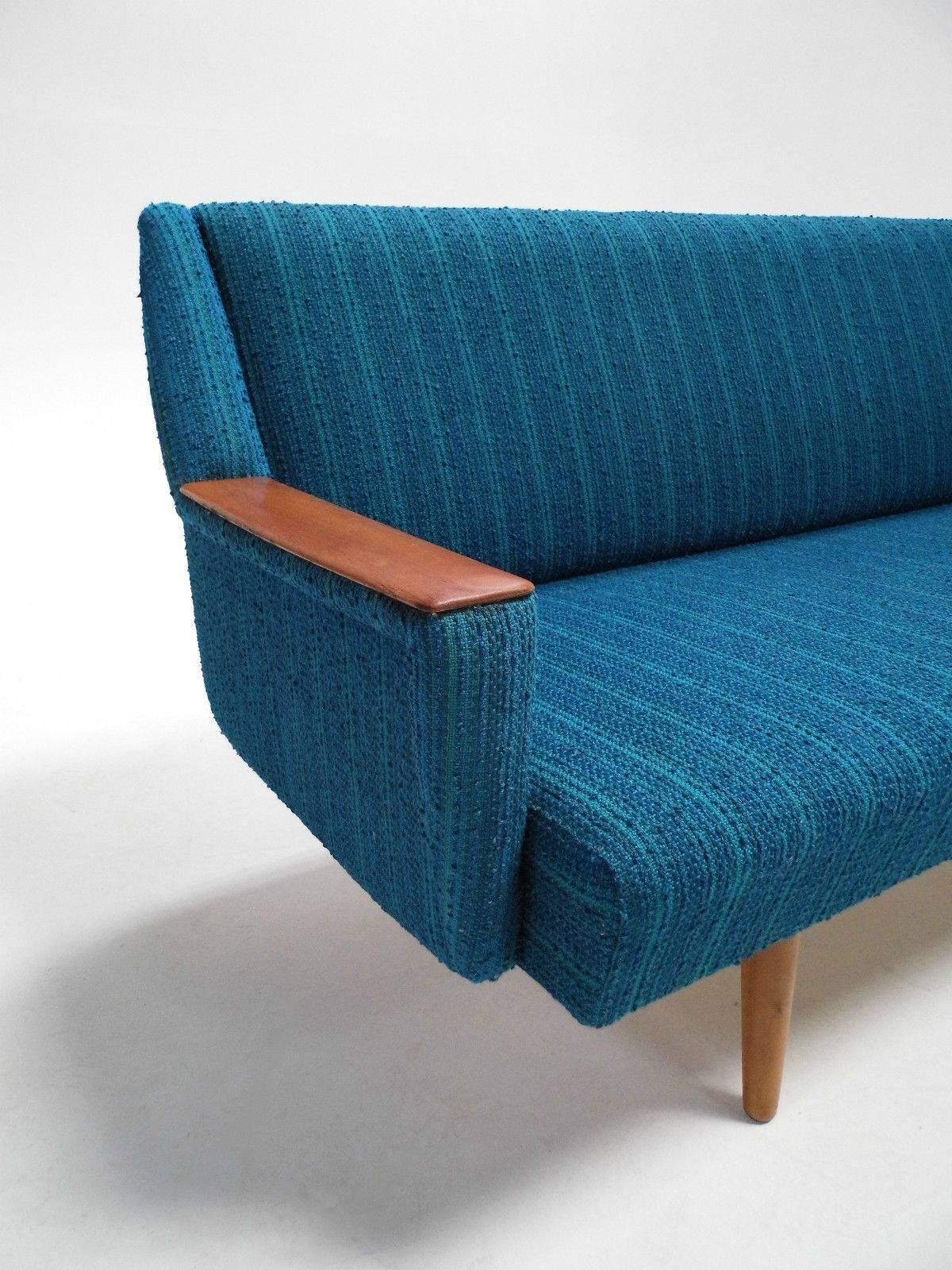 Scandinavian Turquoise Blue Wool Teak Four-Seat Sofabed, Midcentury, 1960s 1