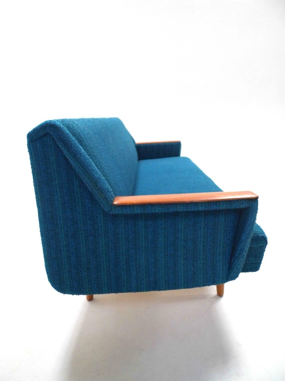Scandinavian Turquoise Blue Wool Teak Four-Seat Sofabed, Midcentury, 1960s 2