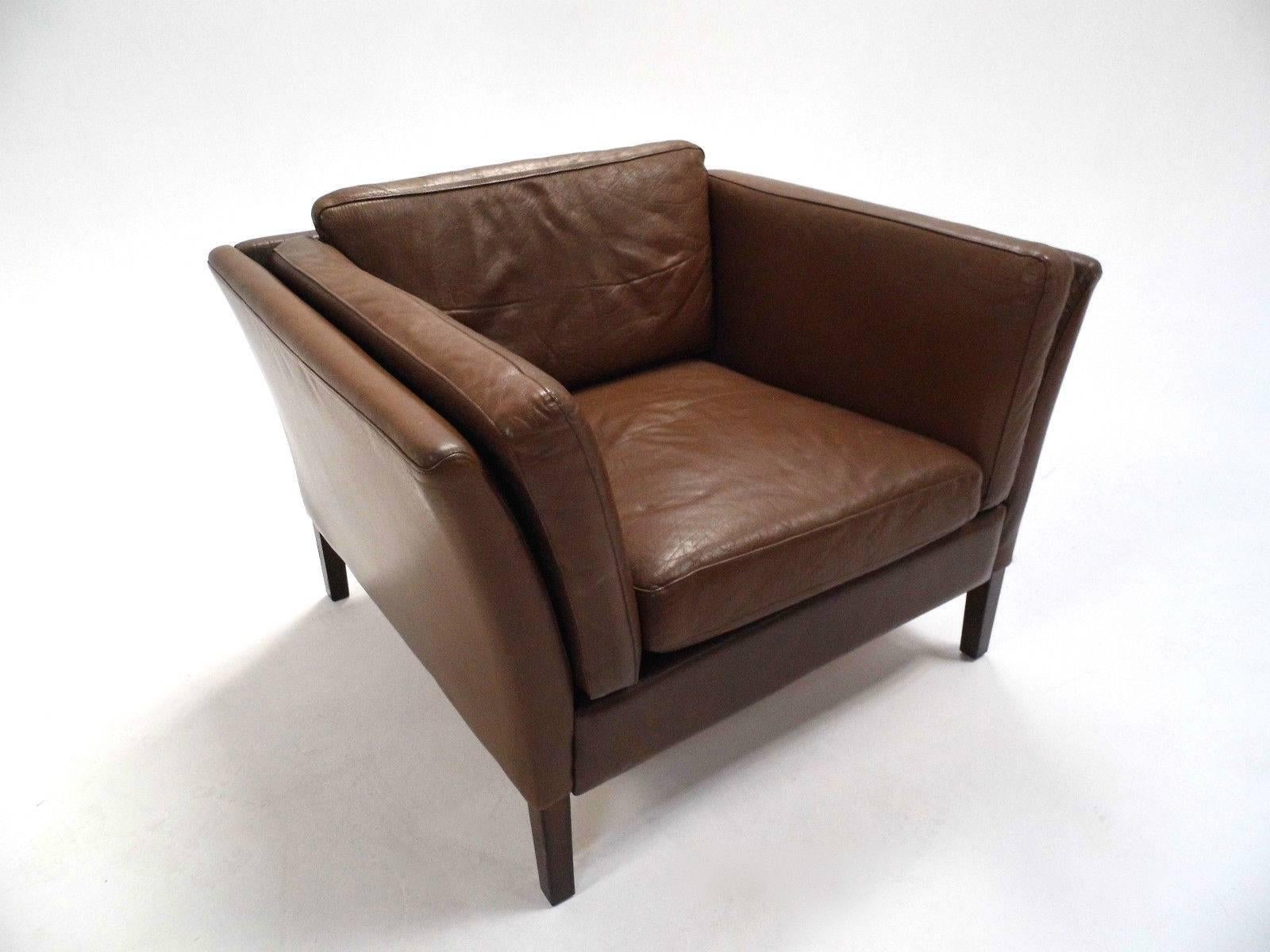 Mid-20th Century Danish Brown Leather Club Armchair Midcentury Chair, 1960s