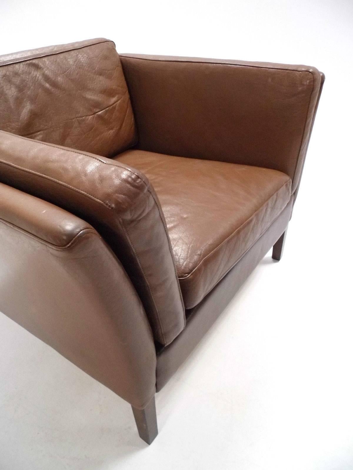 Danish Brown Leather Club Armchair Midcentury Chair, 1960s 1