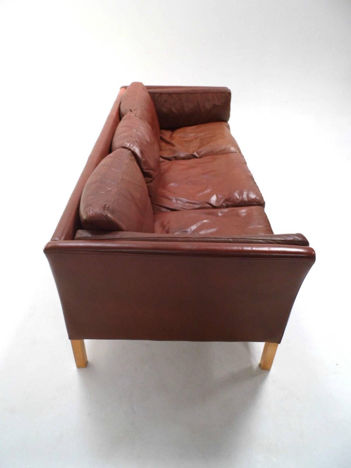 20th Century Danish Chestnut Brown Leather Three-Seat Sofa, Midcentury, 1960s