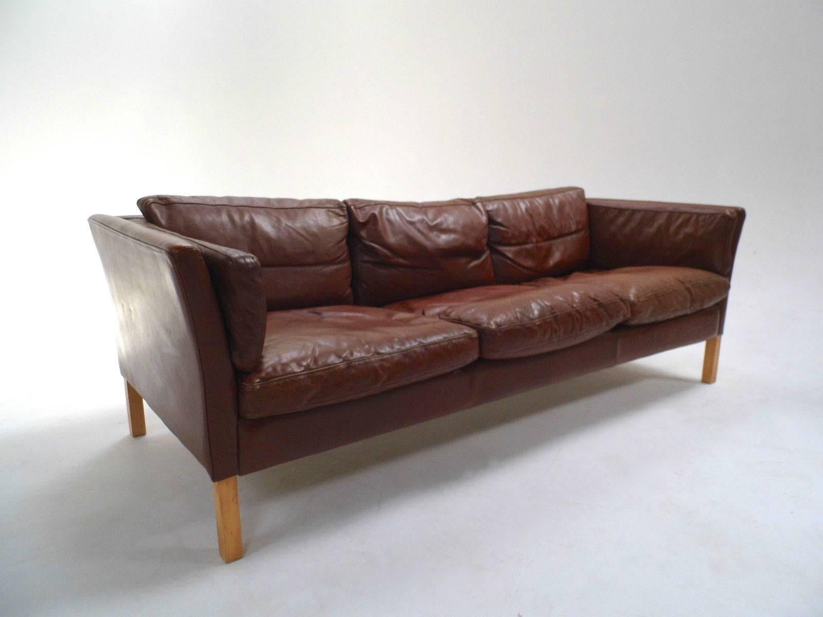 Danish Chestnut Brown Leather Three-Seat Sofa, Midcentury, 1960s 1
