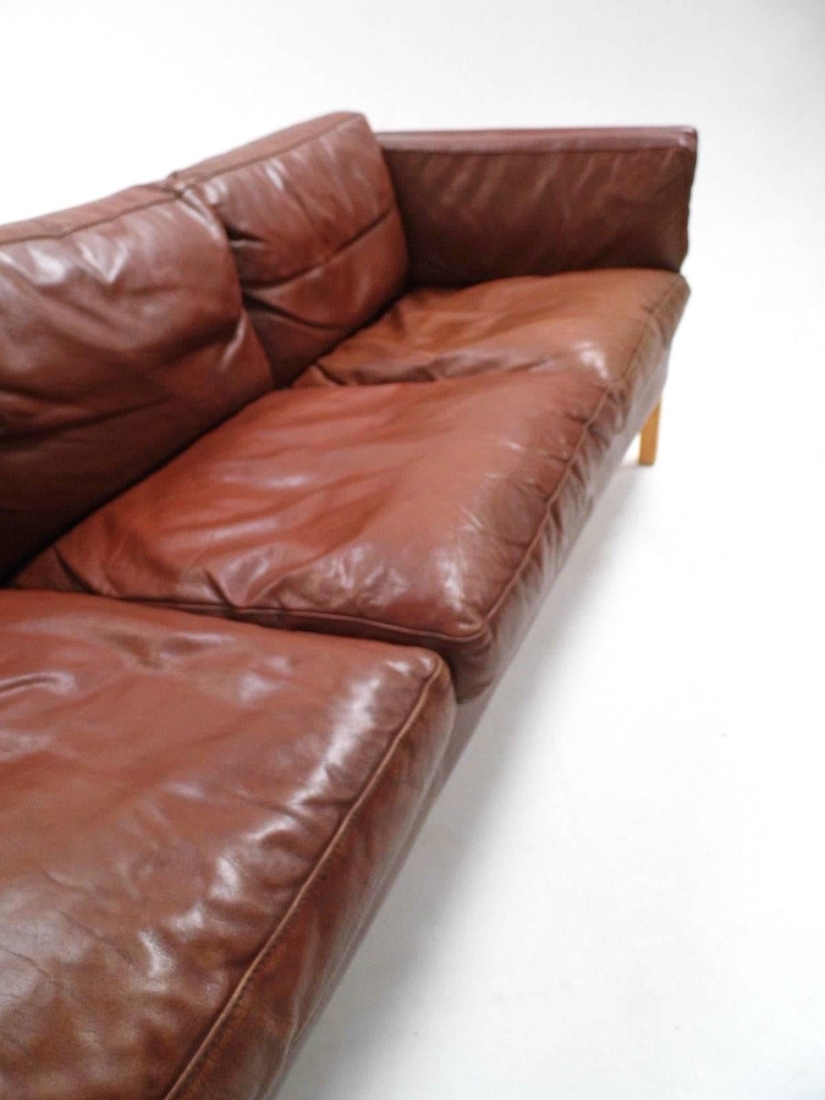 Mid-Century Modern Danish Chestnut Brown Leather Three-Seat Sofa, Midcentury, 1960s