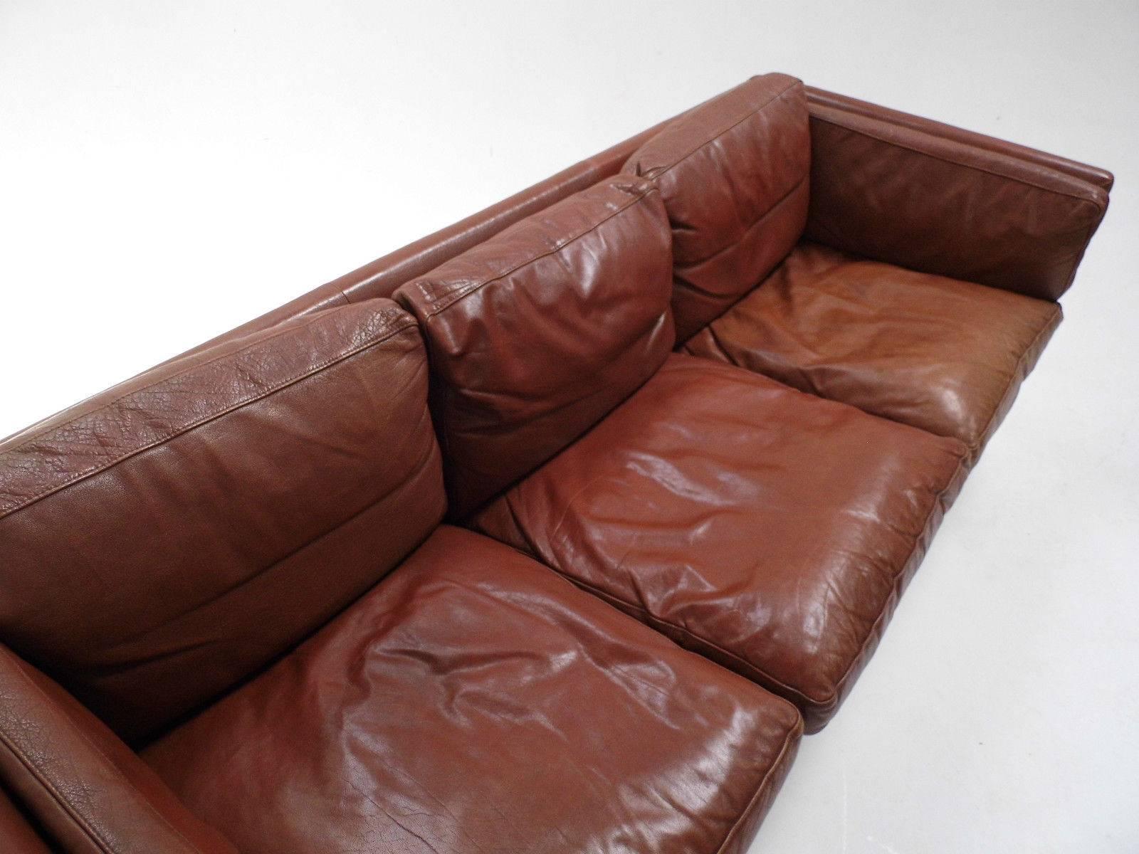 Danish Chestnut Brown Leather Three-Seat Sofa, Midcentury, 1960s 2