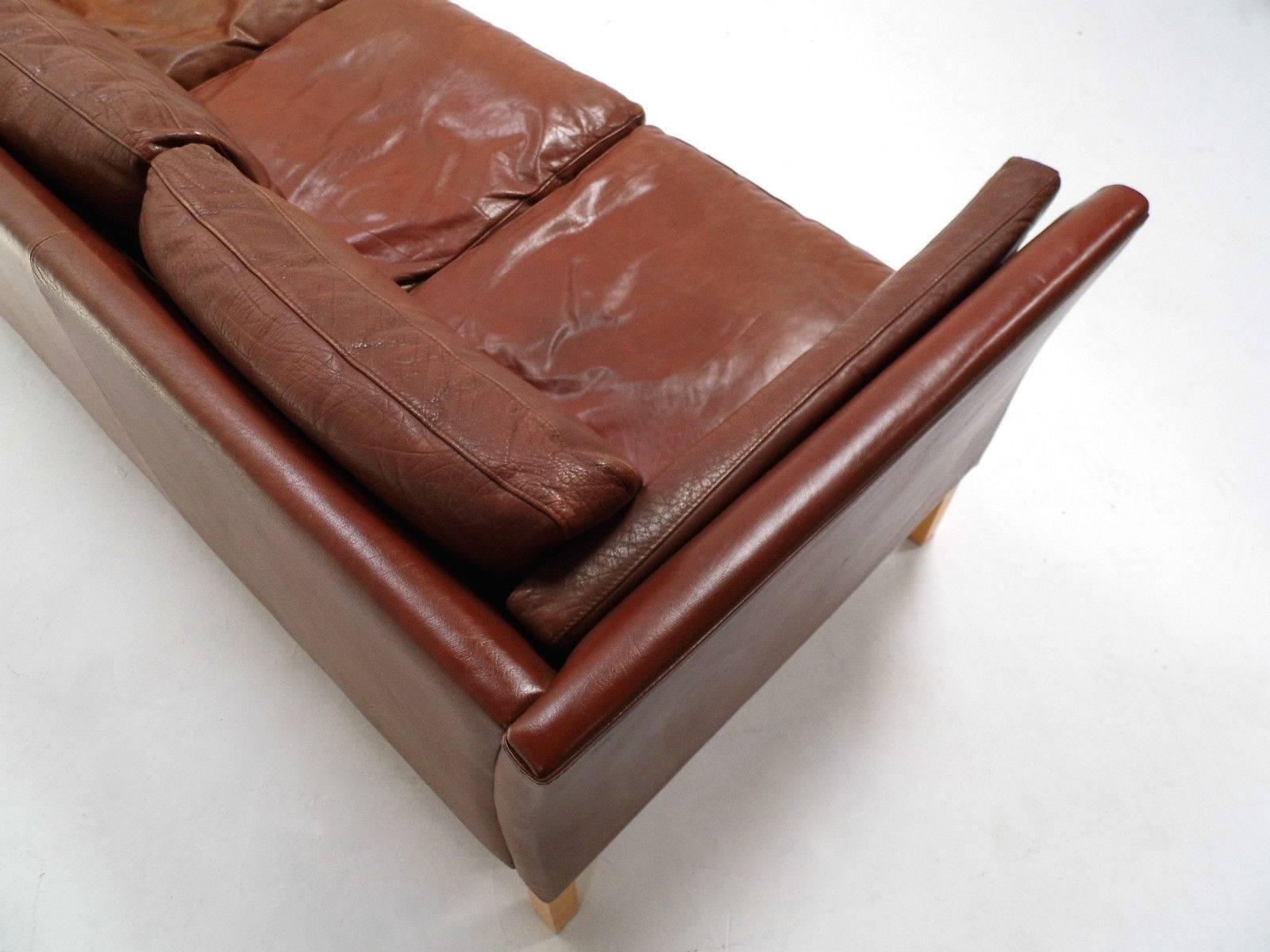 Danish Chestnut Brown Leather Three-Seat Sofa, Midcentury, 1960s 3