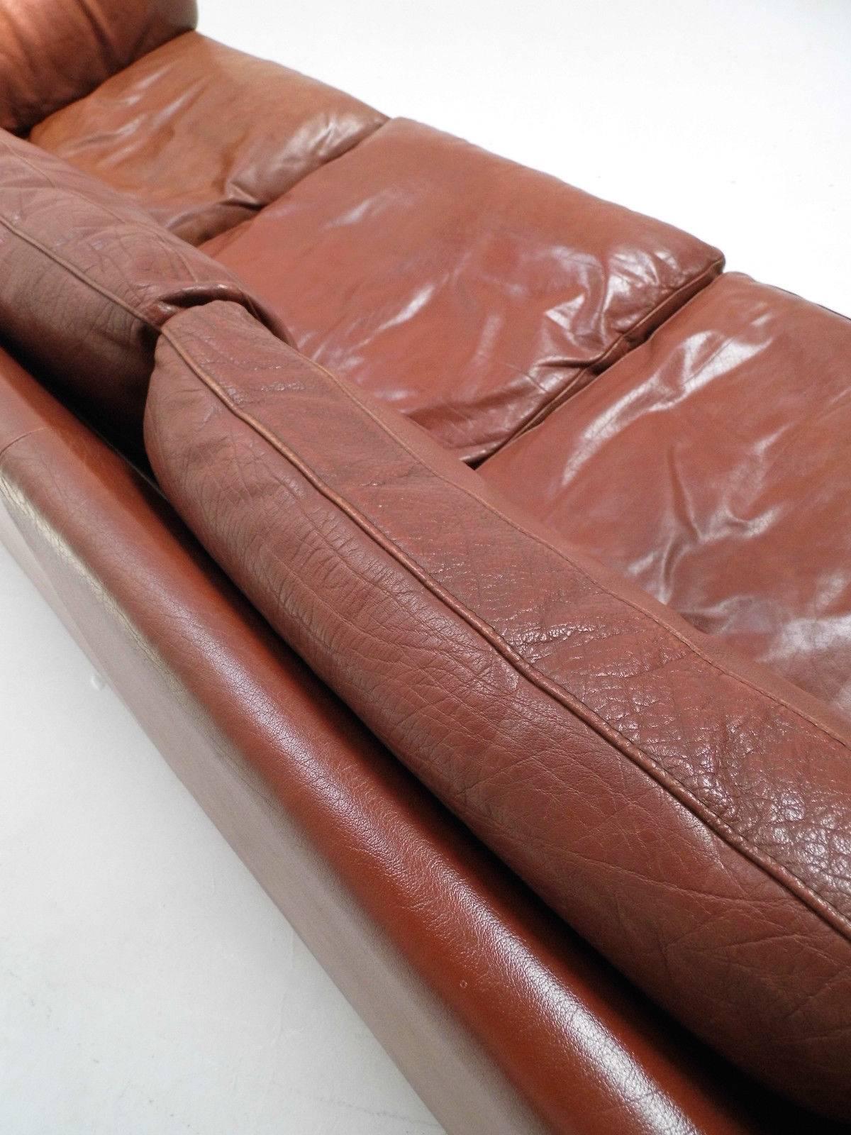 Danish Chestnut Brown Leather Three-Seat Sofa, Midcentury, 1960s 4