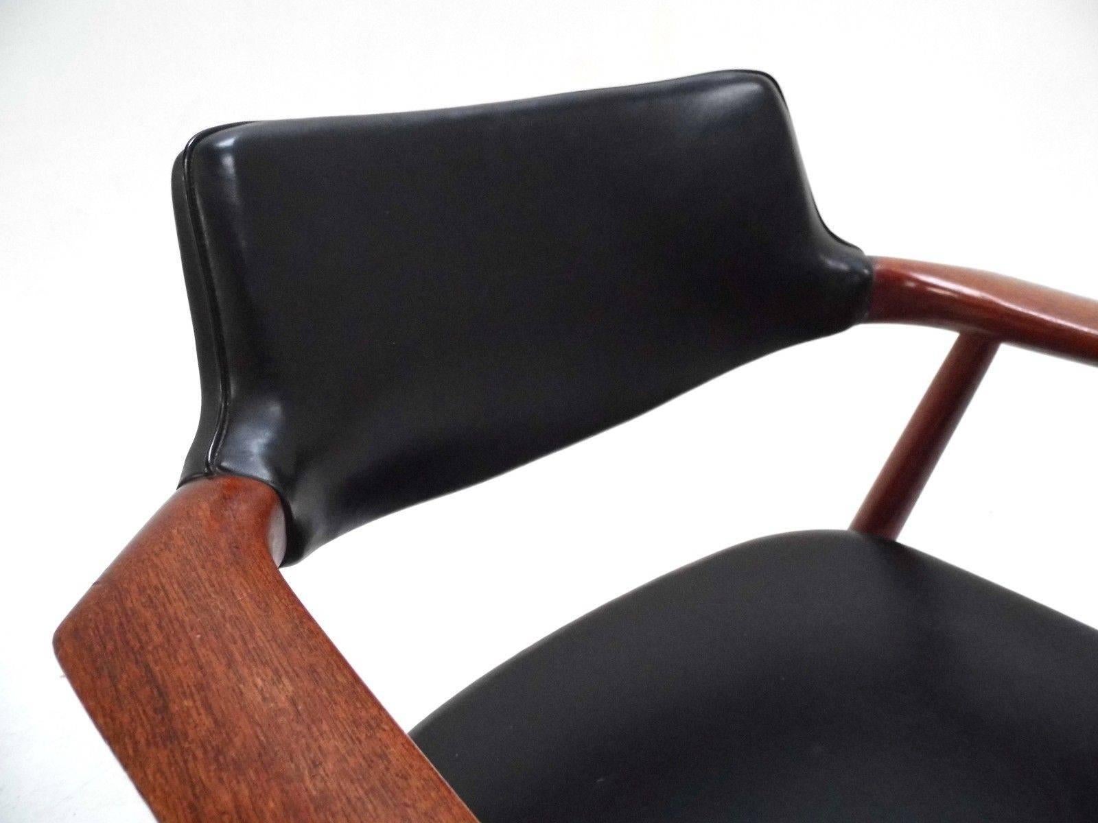 Mid-Century Modern Danish Erik Kirkegaard Teak and Black Vinyl Desk Armchair Midcentury Chair
