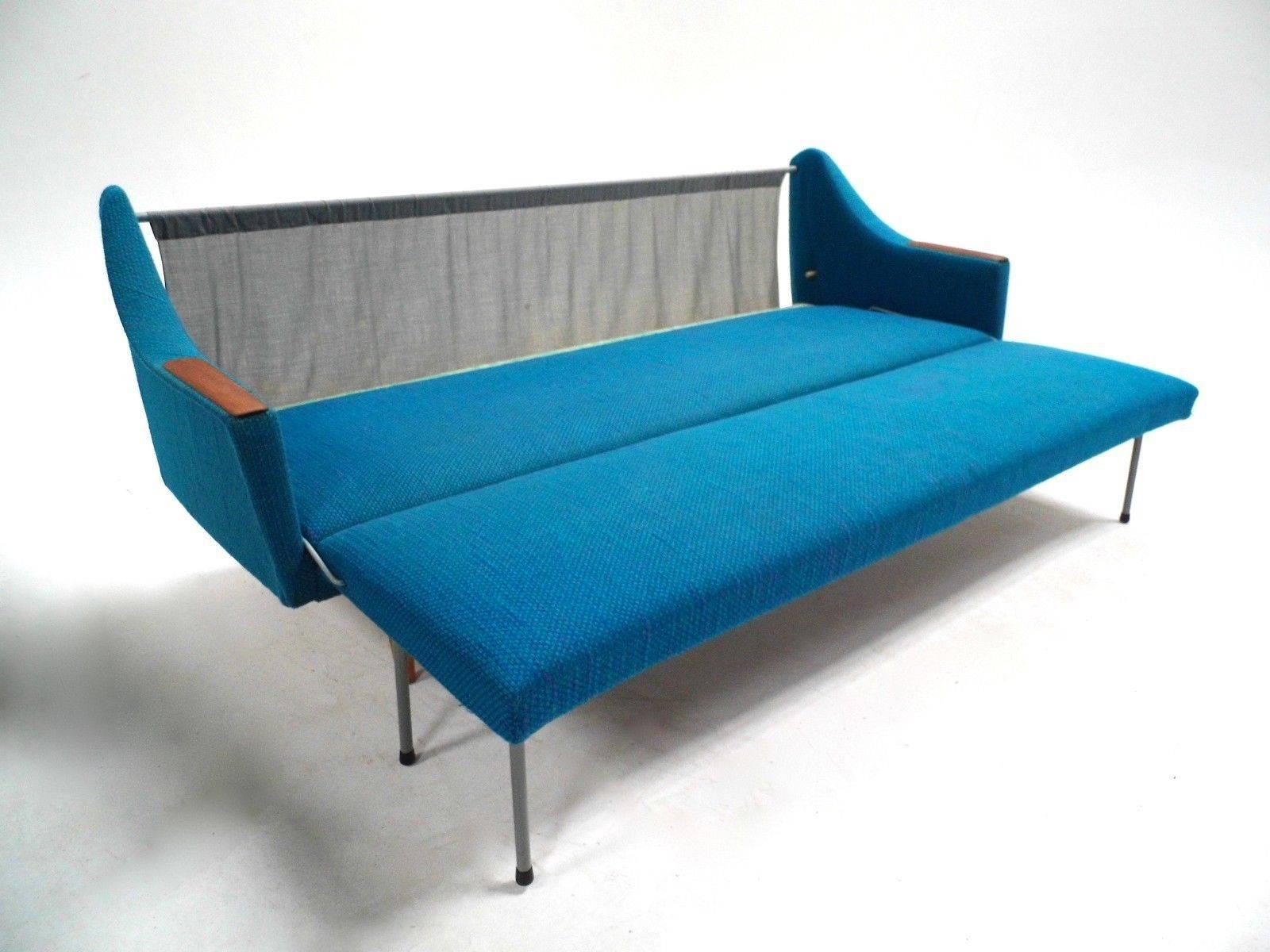 20th Century Norwegian Blue Wool Teak Four-Seat Double Sofabed Midcentury Sofa, 1960s