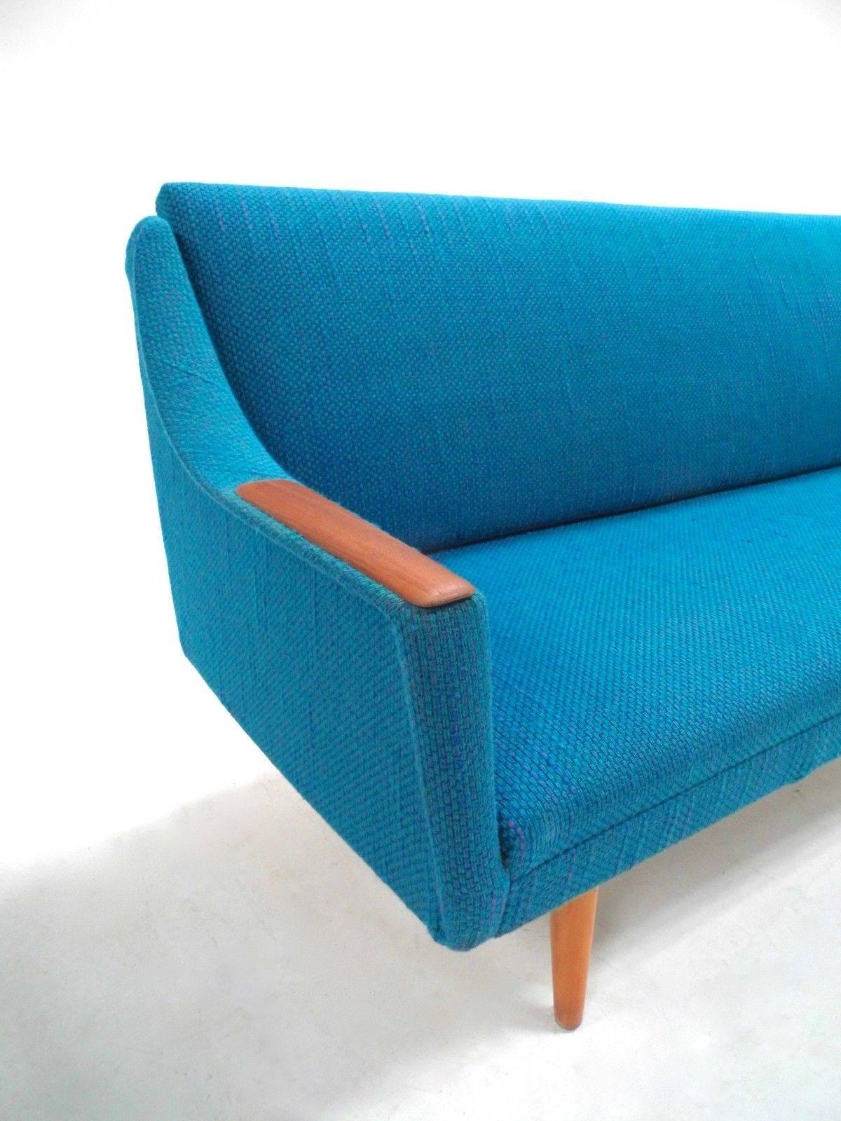 Norwegian Blue Wool Teak Four-Seat Double Sofabed Midcentury Sofa, 1960s 1
