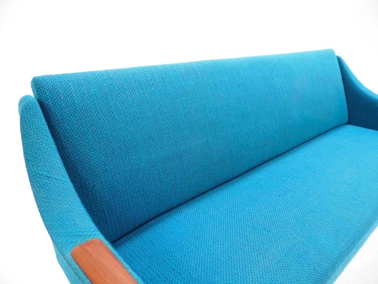 Norwegian Blue Wool Teak Four-Seat Double Sofabed Midcentury Sofa, 1960s 4