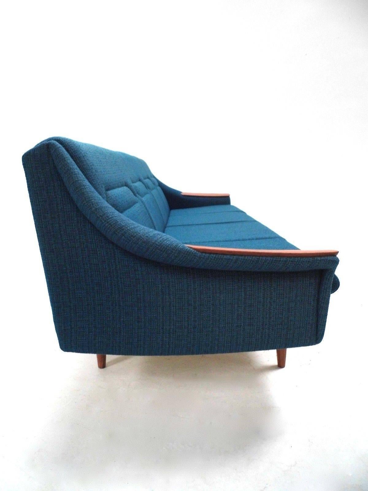 Mid-Century Modern Norwegian Blue Wool Teak Four-Seat Double Sofa Bed Midcentury Sofa, 1960s