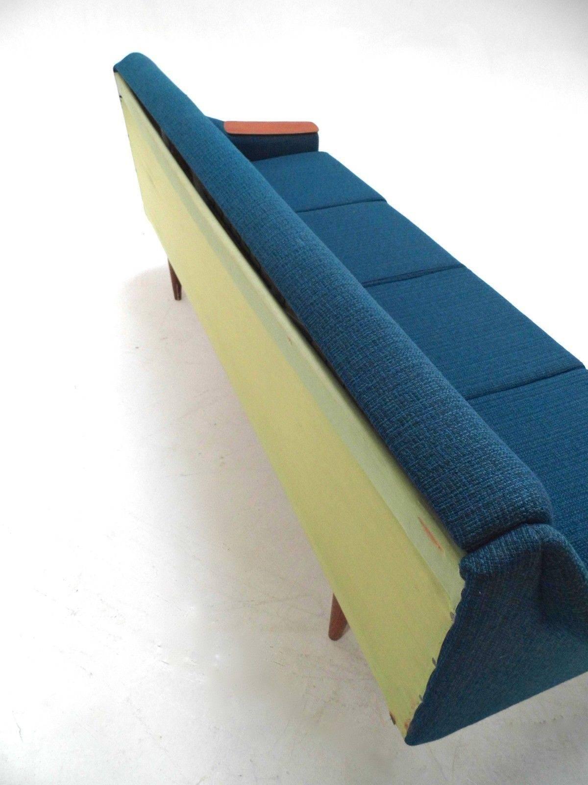 20th Century Norwegian Blue Wool Teak Four-Seat Double Sofa Bed Midcentury Sofa, 1960s