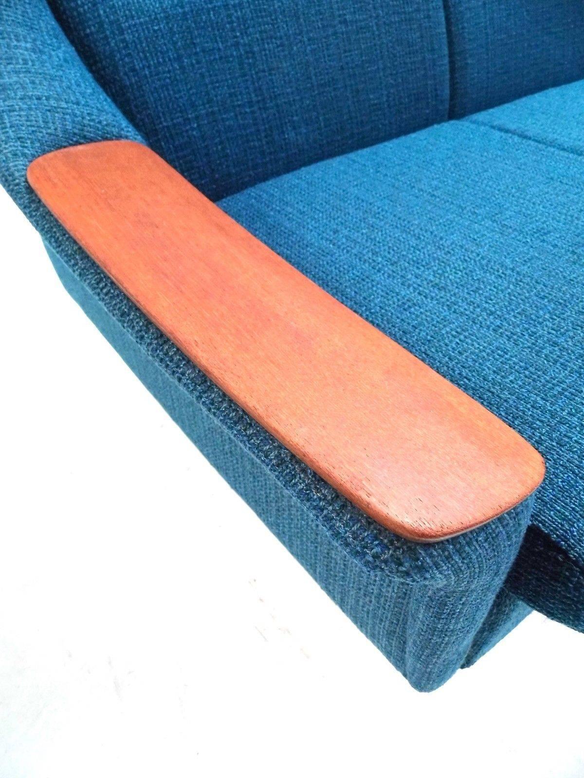 Norwegian Blue Wool Teak Four-Seat Double Sofa Bed Midcentury Sofa, 1960s 2