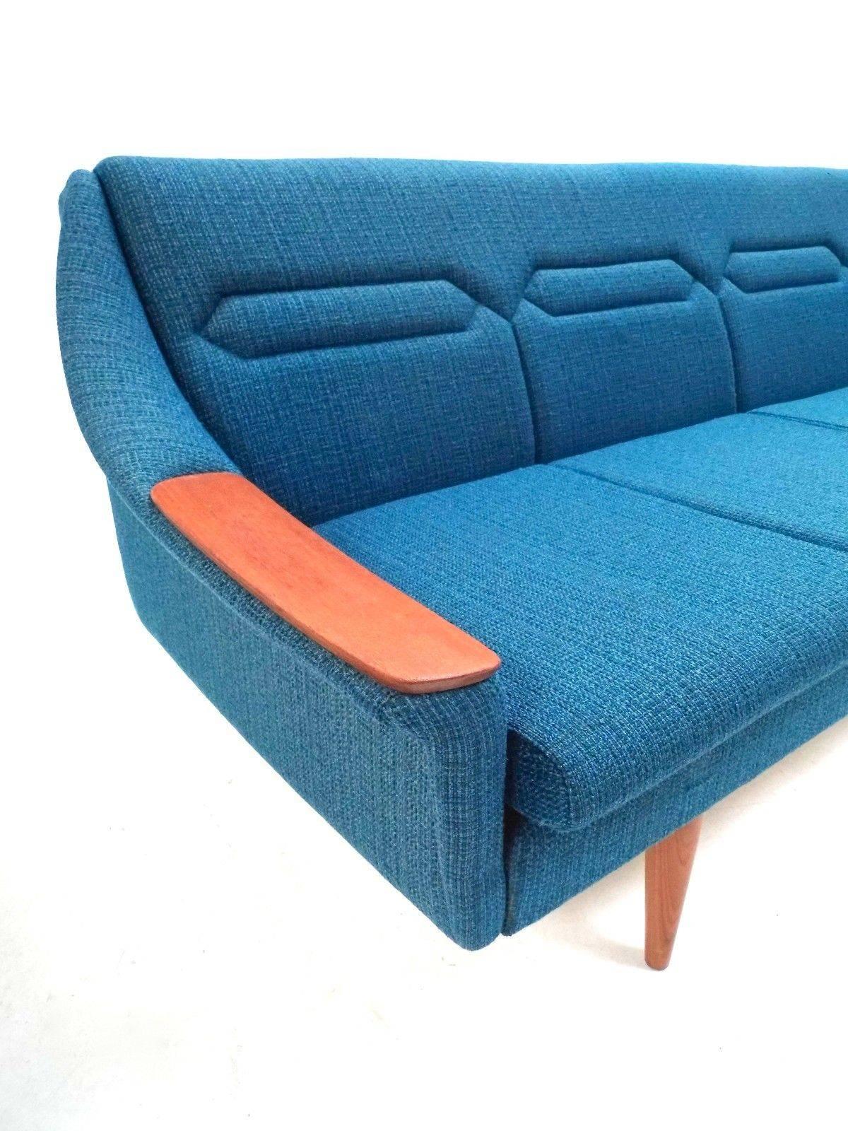 Norwegian Blue Wool Teak Four-Seat Double Sofa Bed Midcentury Sofa, 1960s 1