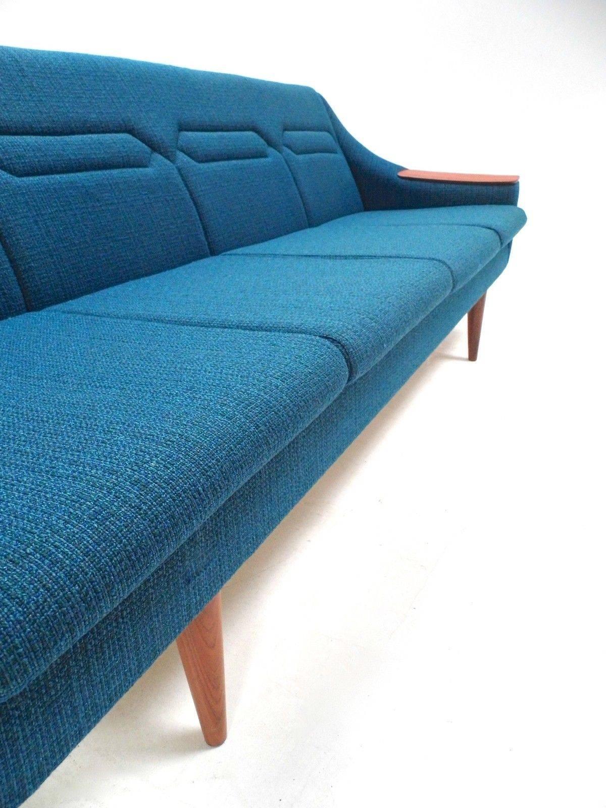 Norwegian Blue Wool Teak Four-Seat Double Sofa Bed Midcentury Sofa, 1960s 3