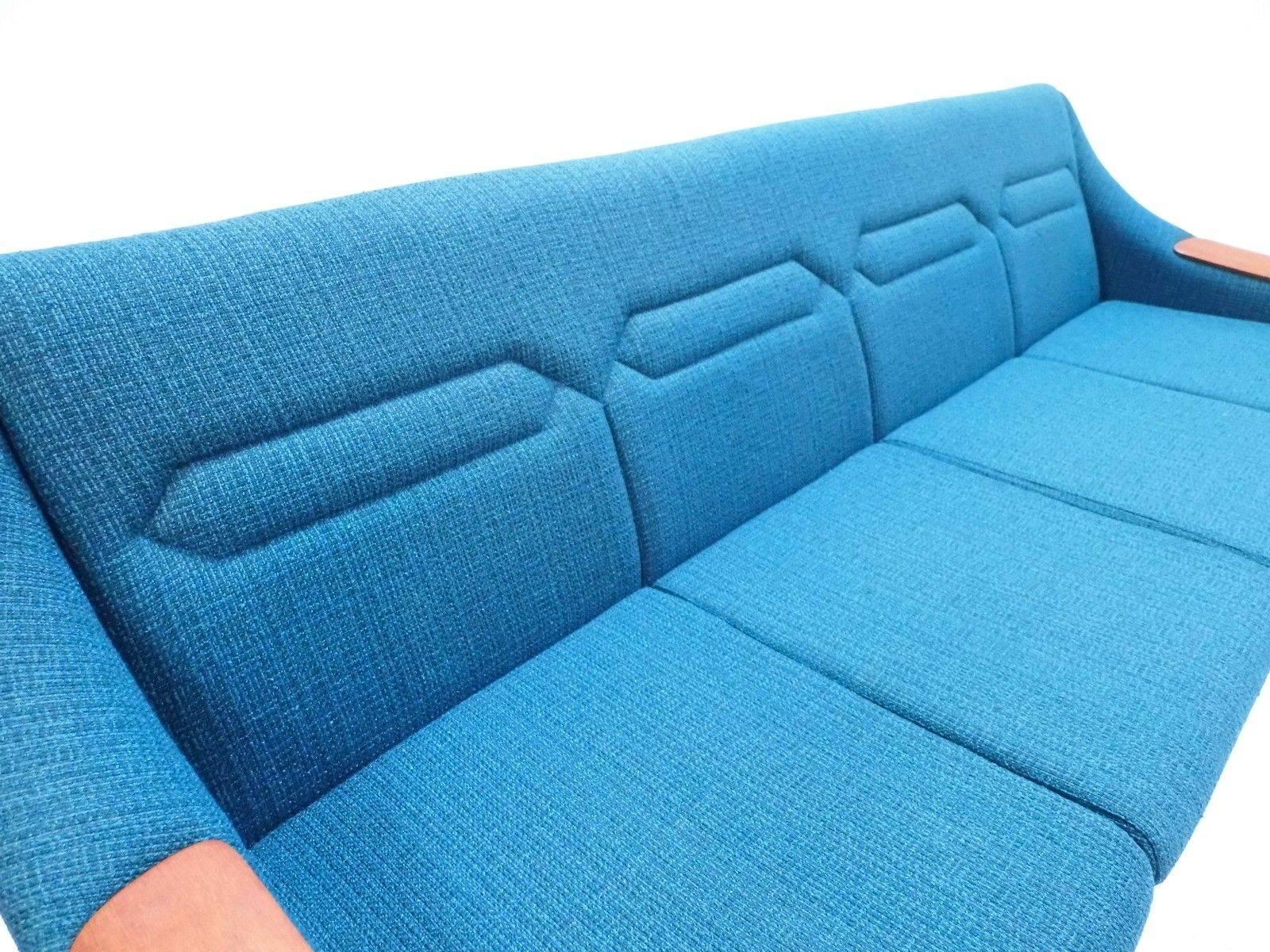 Norwegian Blue Wool Teak Four-Seat Double Sofa Bed Midcentury Sofa, 1960s 5